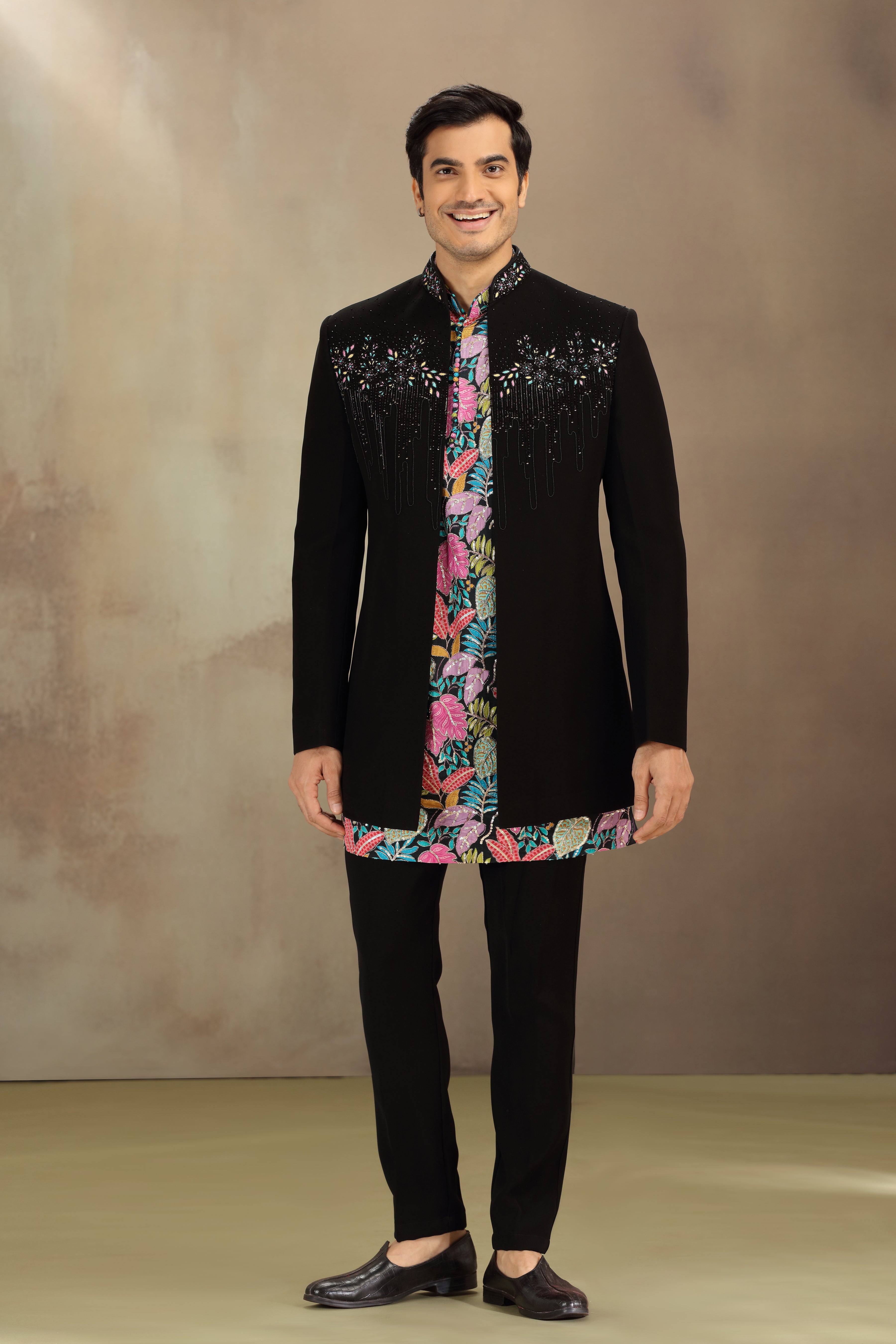 Black Suiting Indo Western with Resham, Beads & Zardosi Work