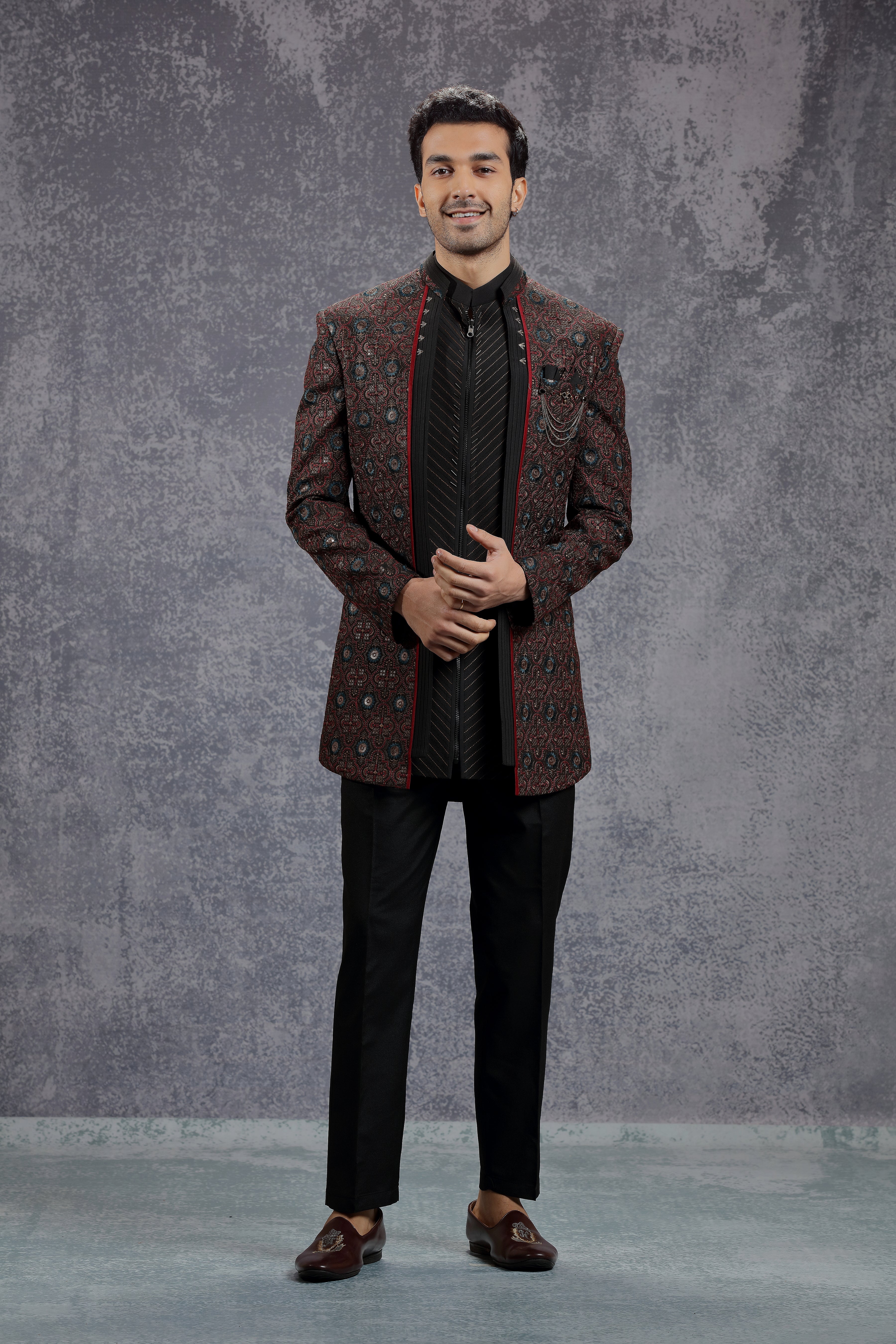 Red/Black Indowestern Set with Traditional Motif - Shreeman