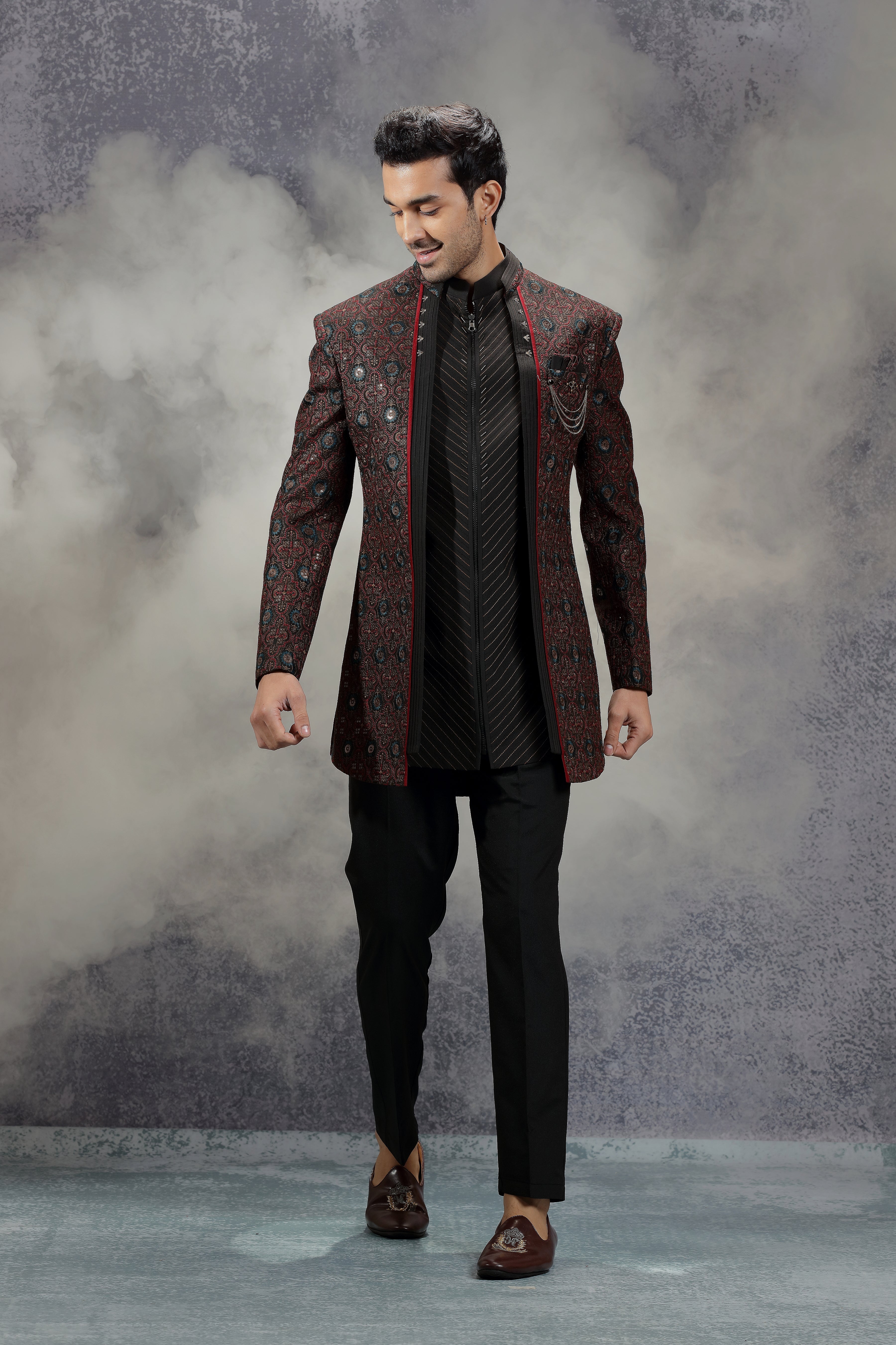 Red/Black Indowestern Set with Traditional Motif - Shreeman