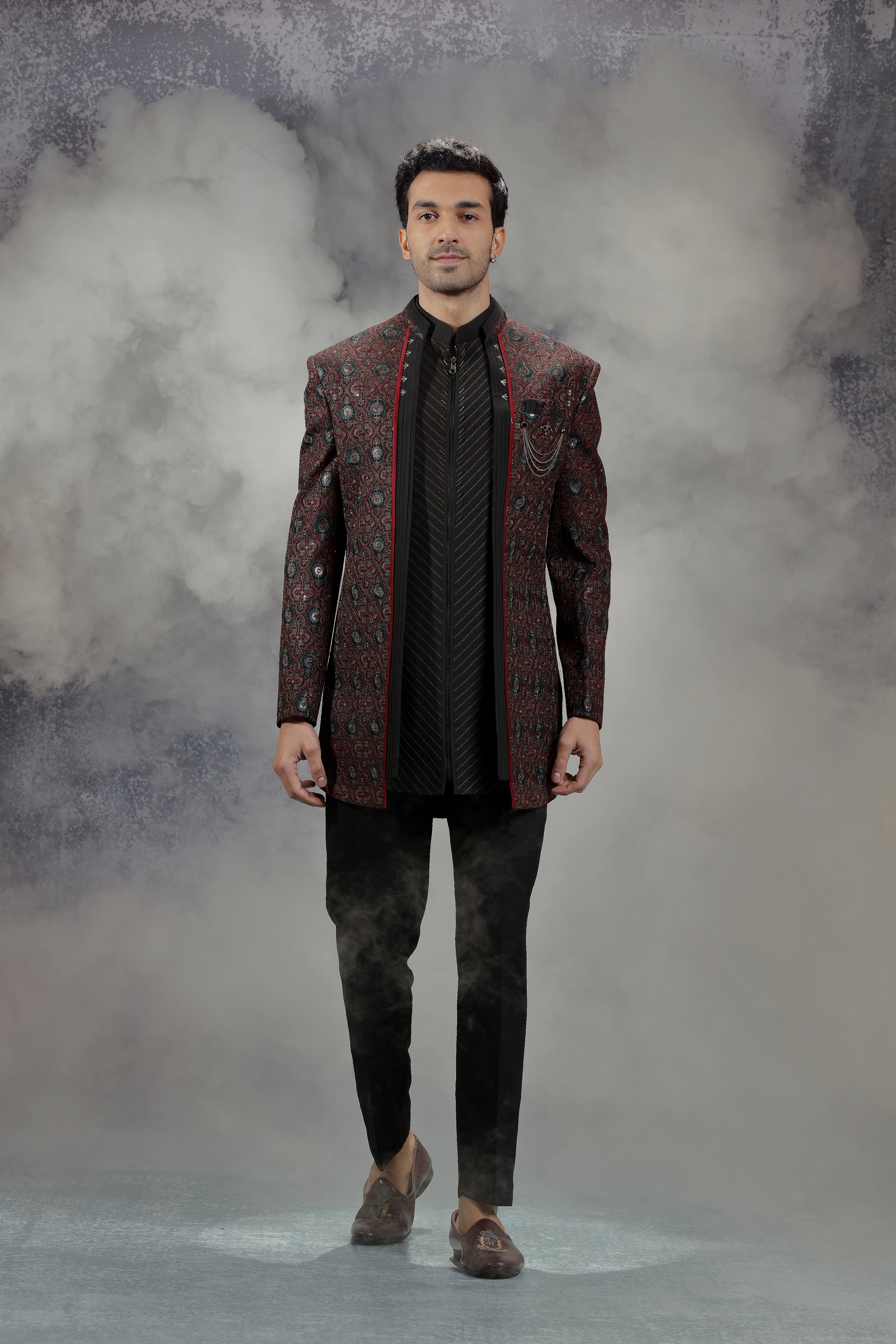 Red/Black Indowestern Set with Traditional Motif - Shreeman