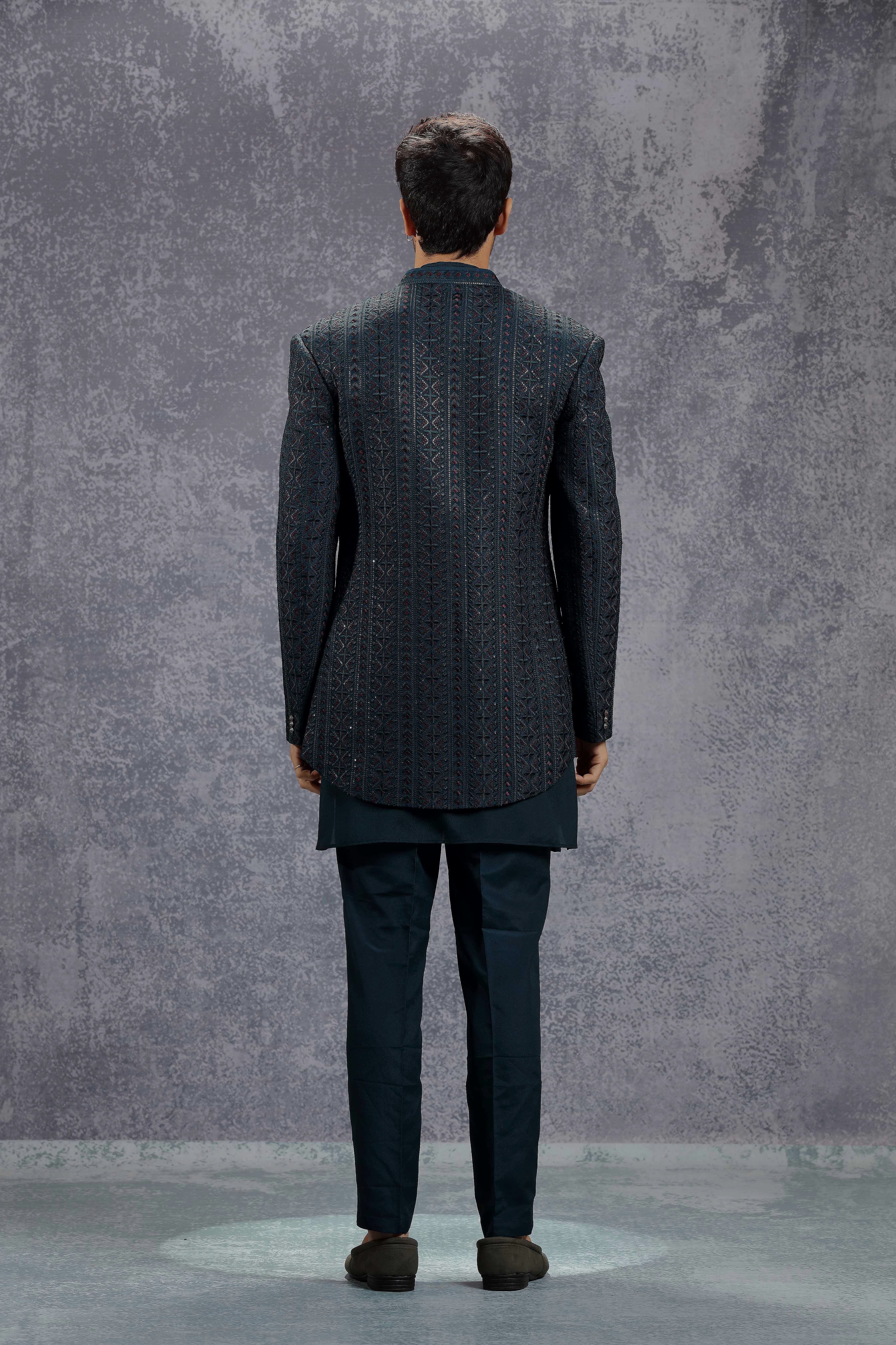 Deep Sea Blue Indowestern Jacket Set with Geometric Embroidery - Shreeman