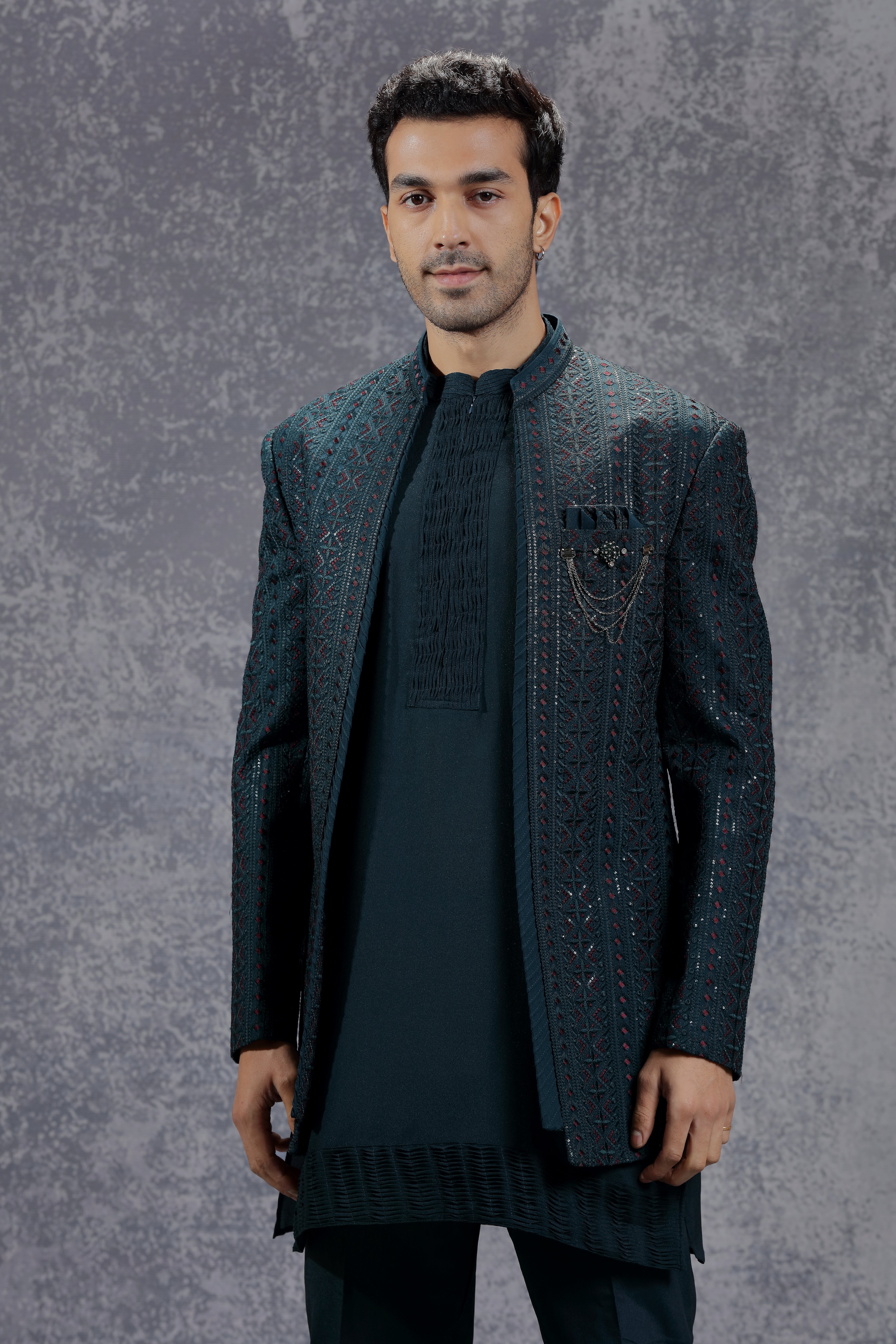Deep Sea Blue Indowestern Jacket Set with Geometric Embroidery - Shreeman