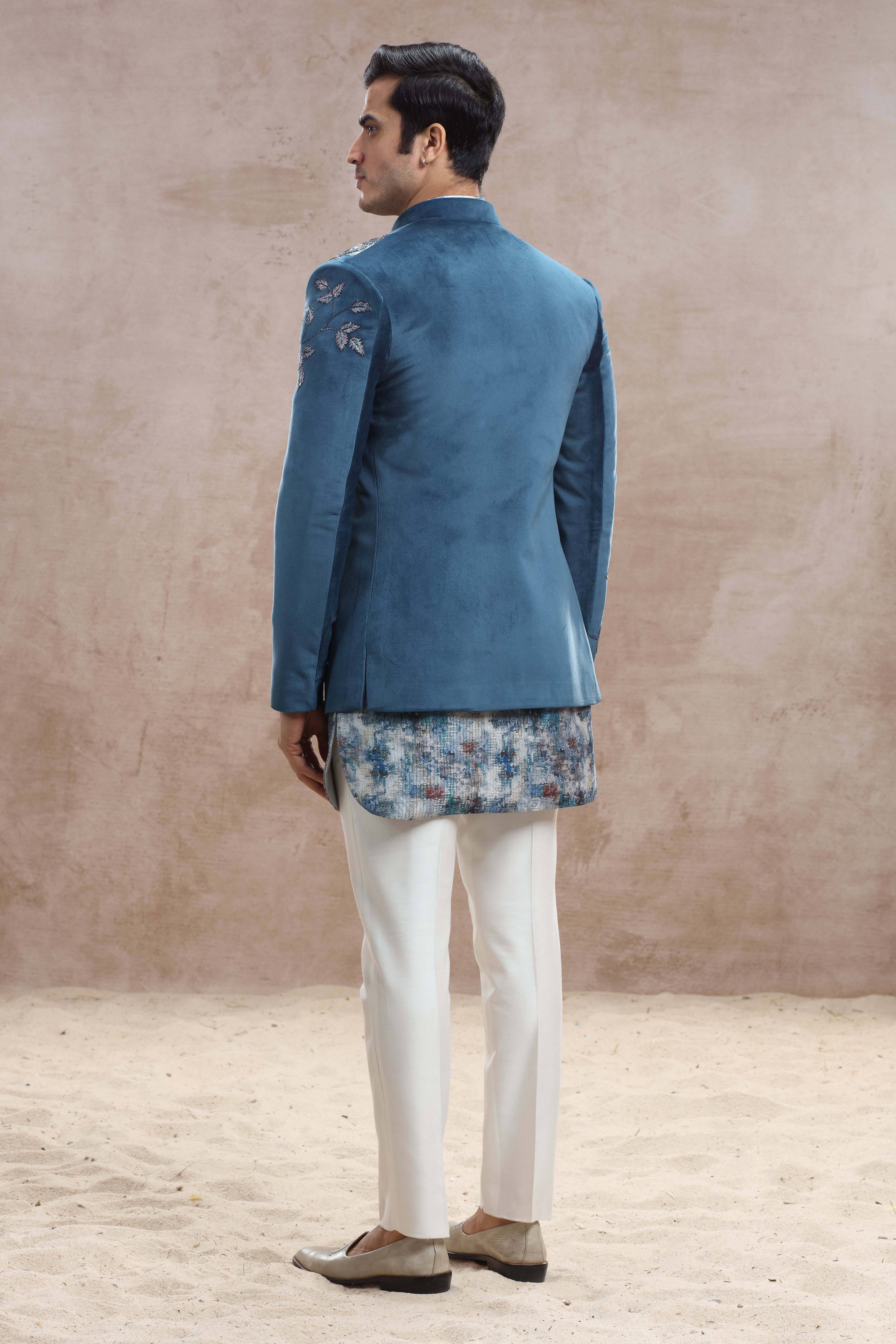 Blue Velvet Indo Western with Applique Work