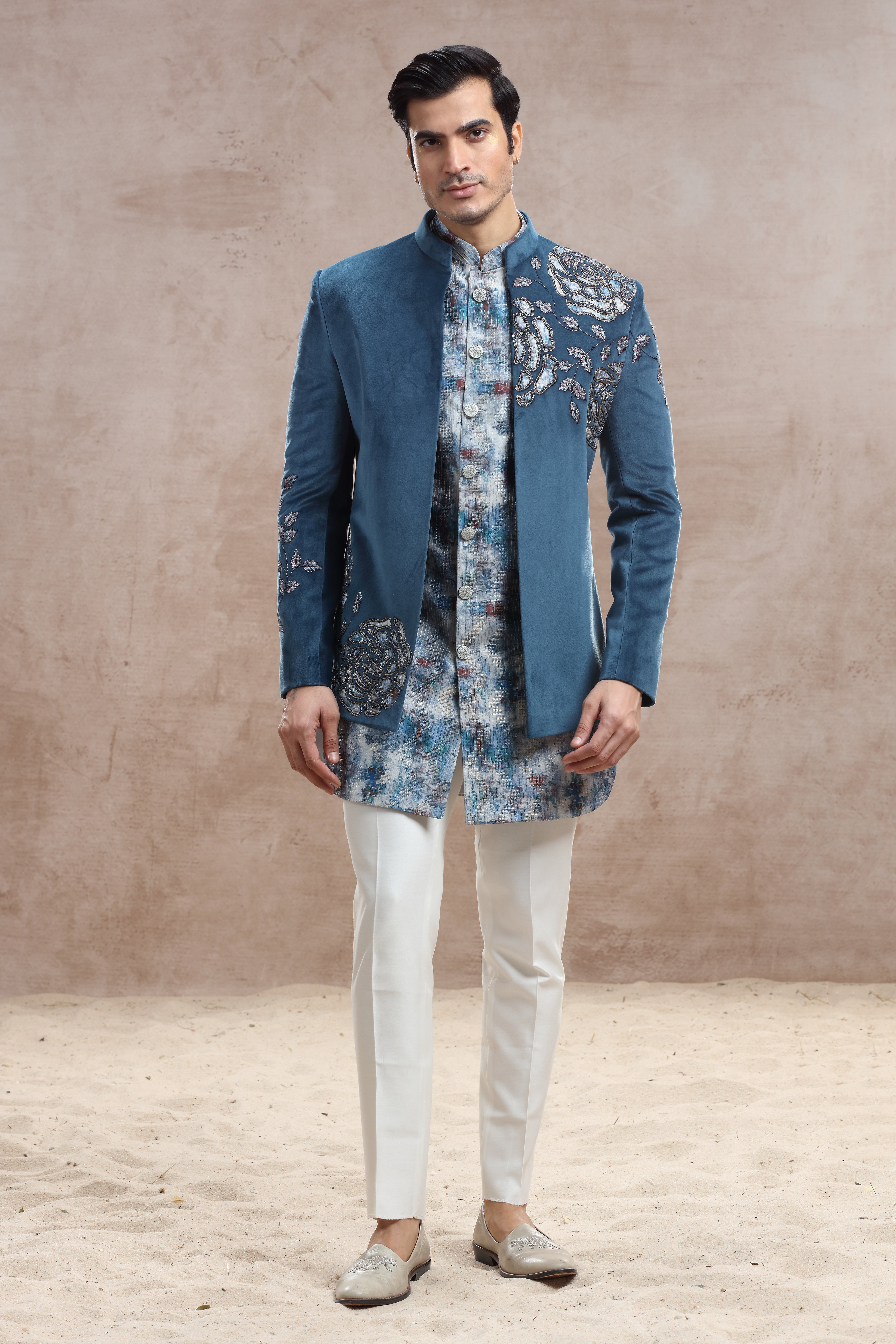 Blue Velvet Indo Western with Applique Work
