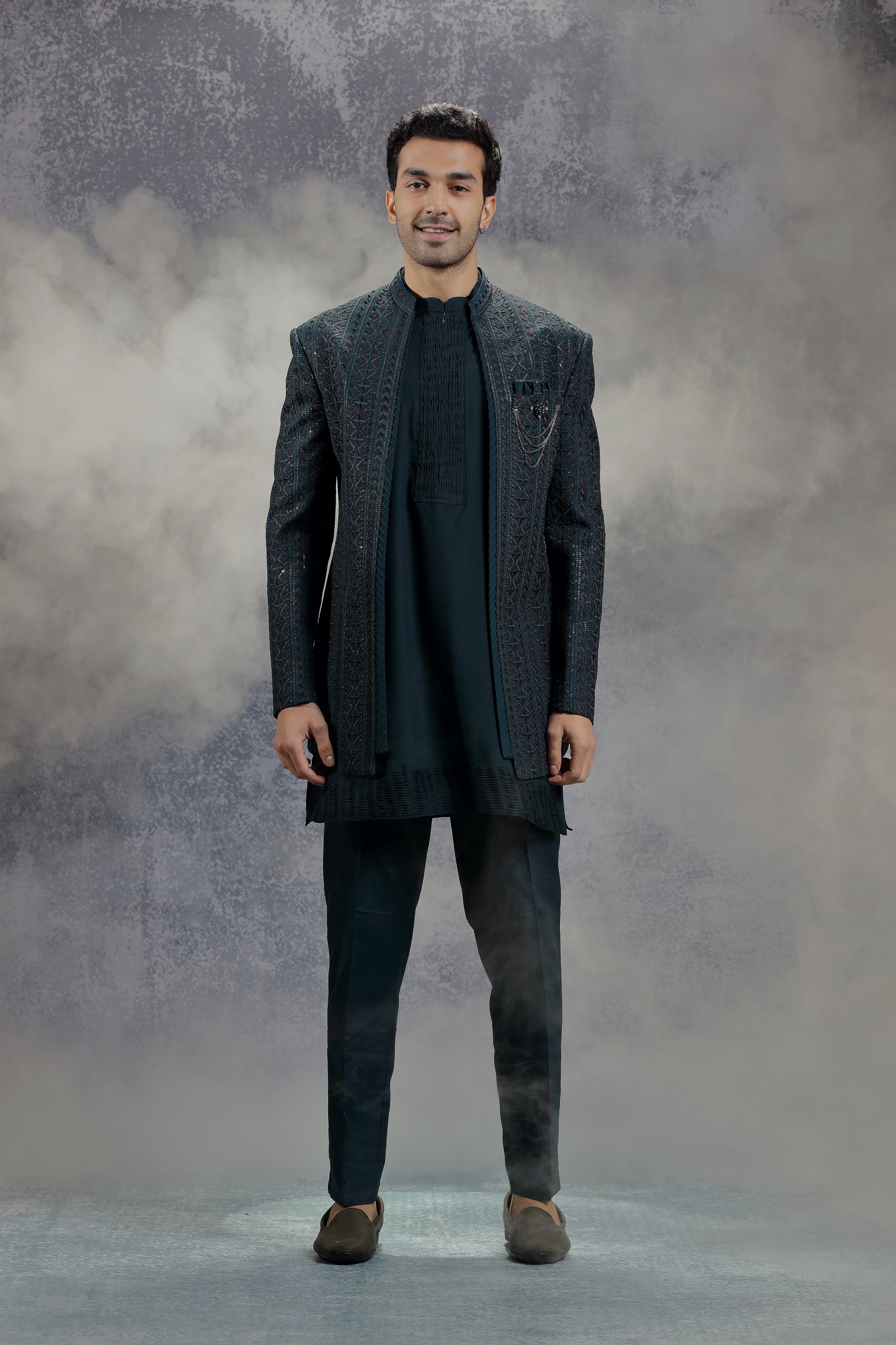 Deep Sea Blue Indowestern Jacket Set with Geometric Embroidery - Shreeman