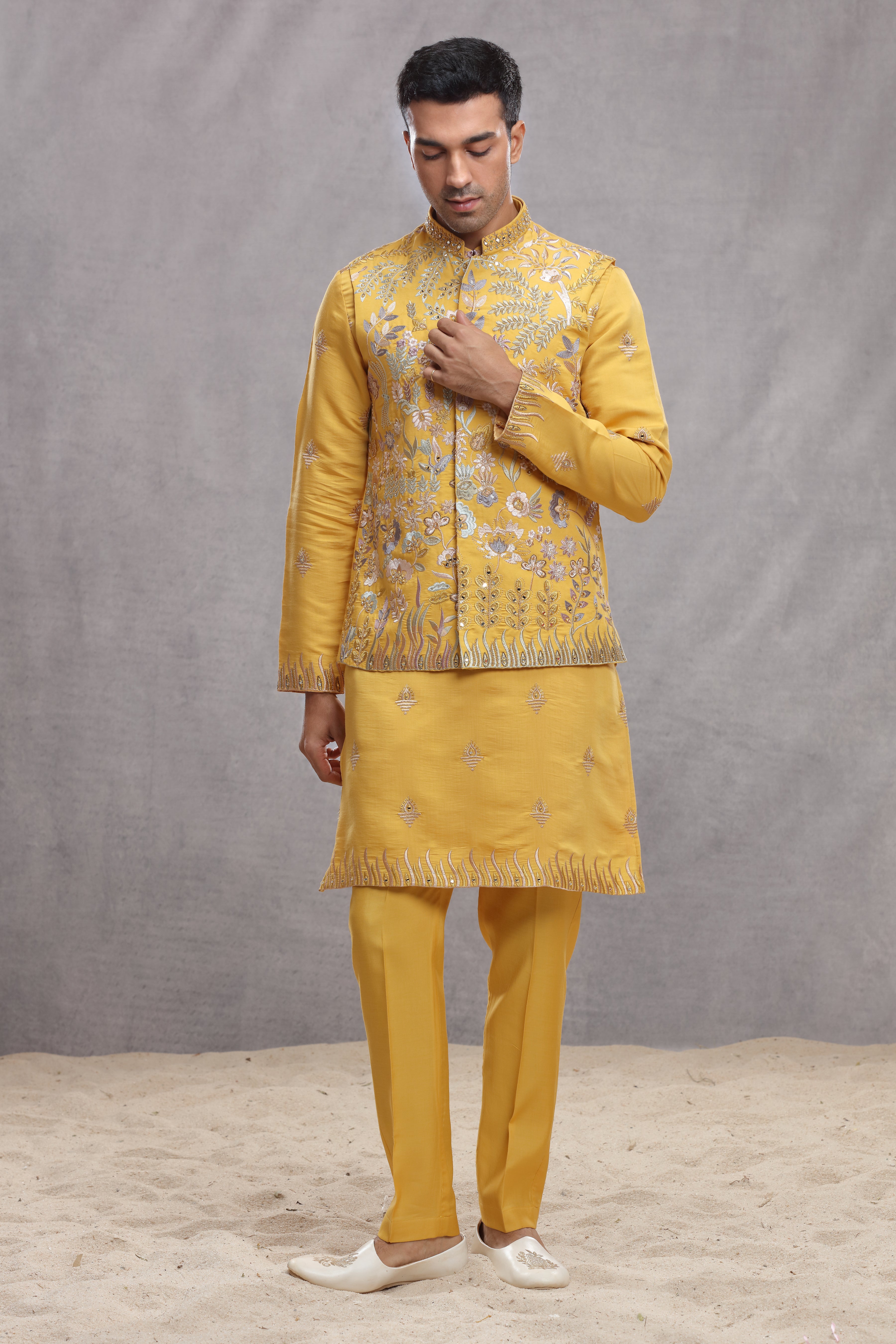 Yellow Silk Koti & Kurta with Floral Thread Work