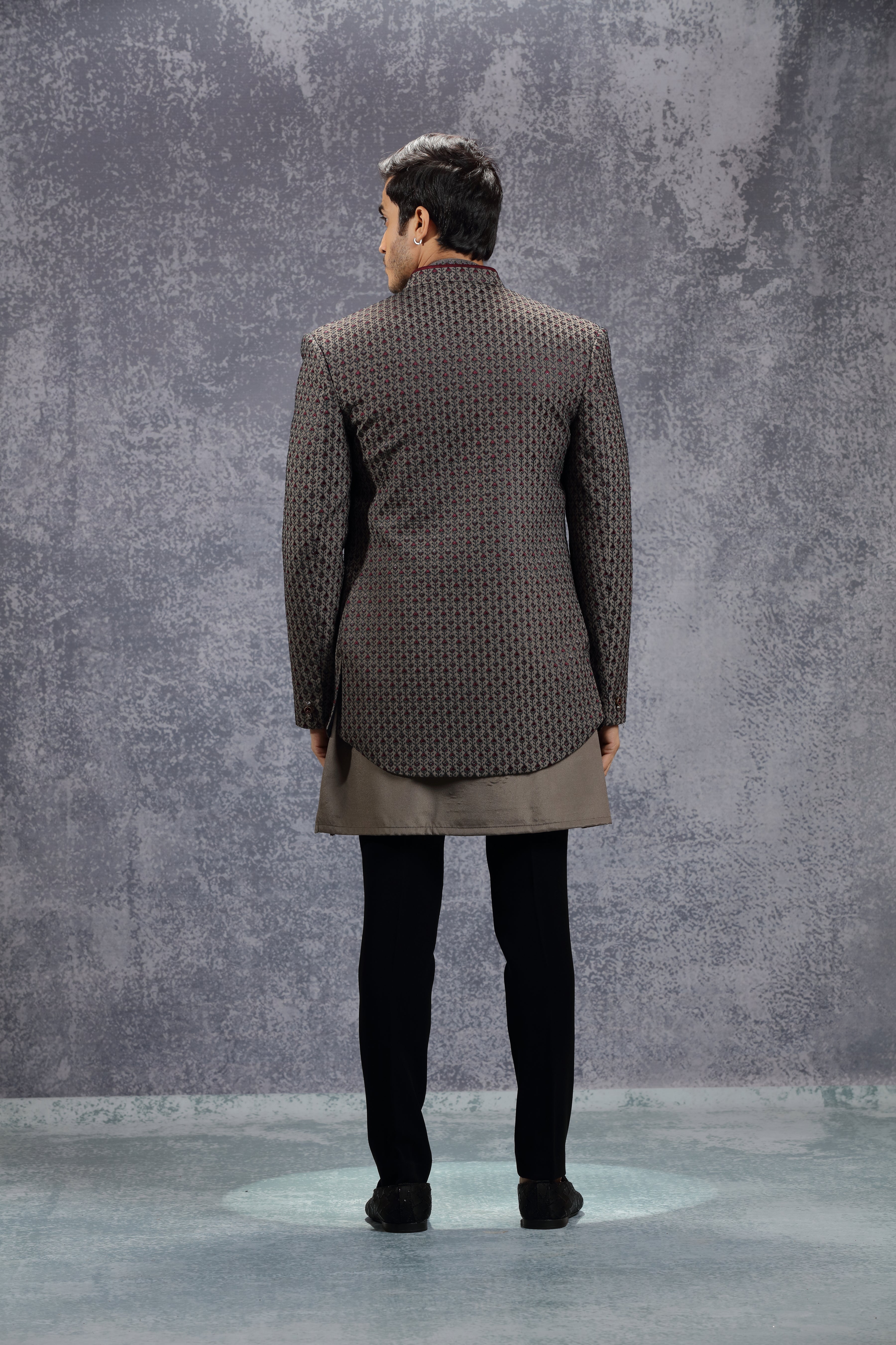 Grey Silk Indowestern With All-Over Floral Embroidery - Shreeman