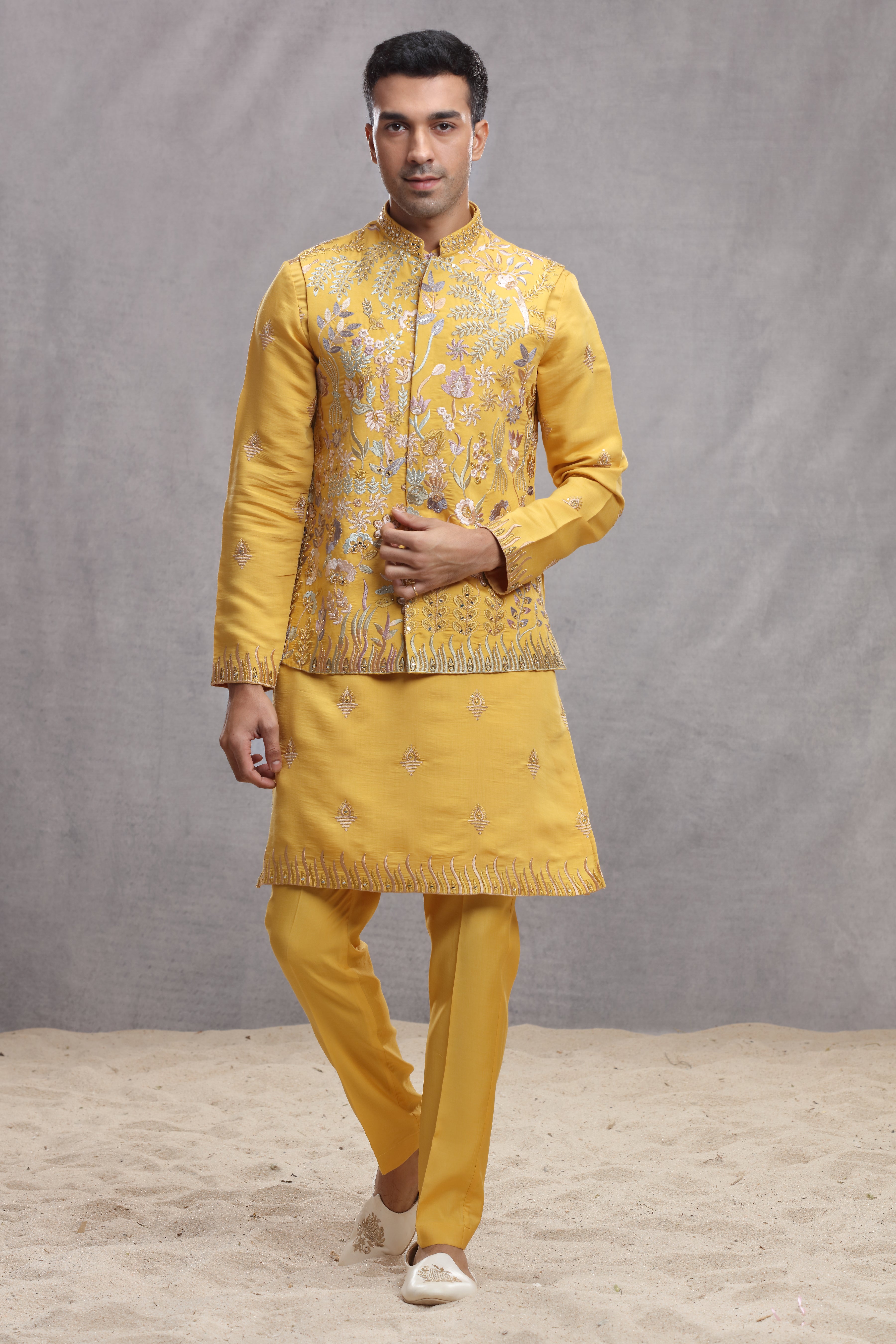 Yellow Silk Koti & Kurta with Floral Thread Work
