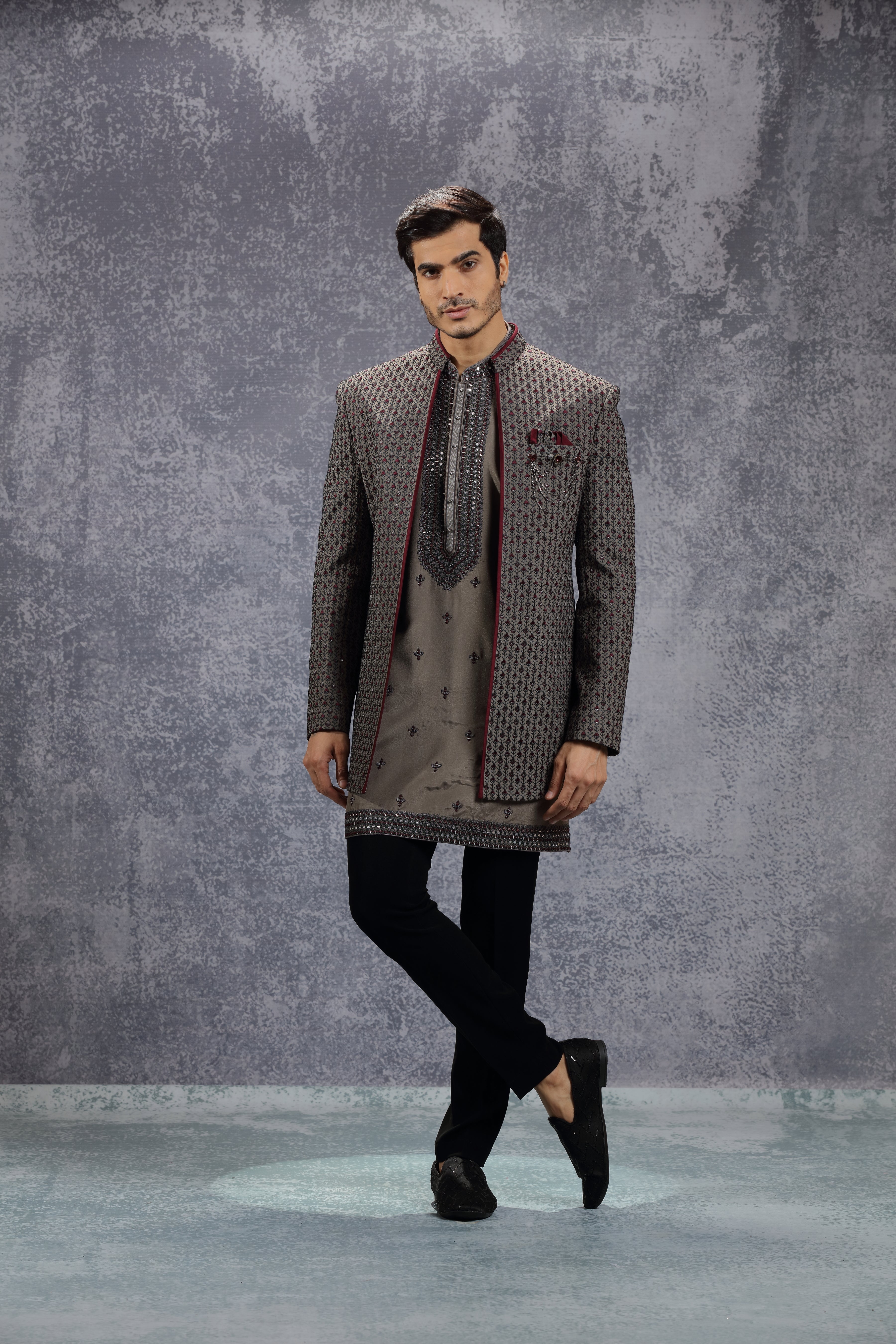 Grey Silk Indowestern With All-Over Floral Embroidery - Shreeman