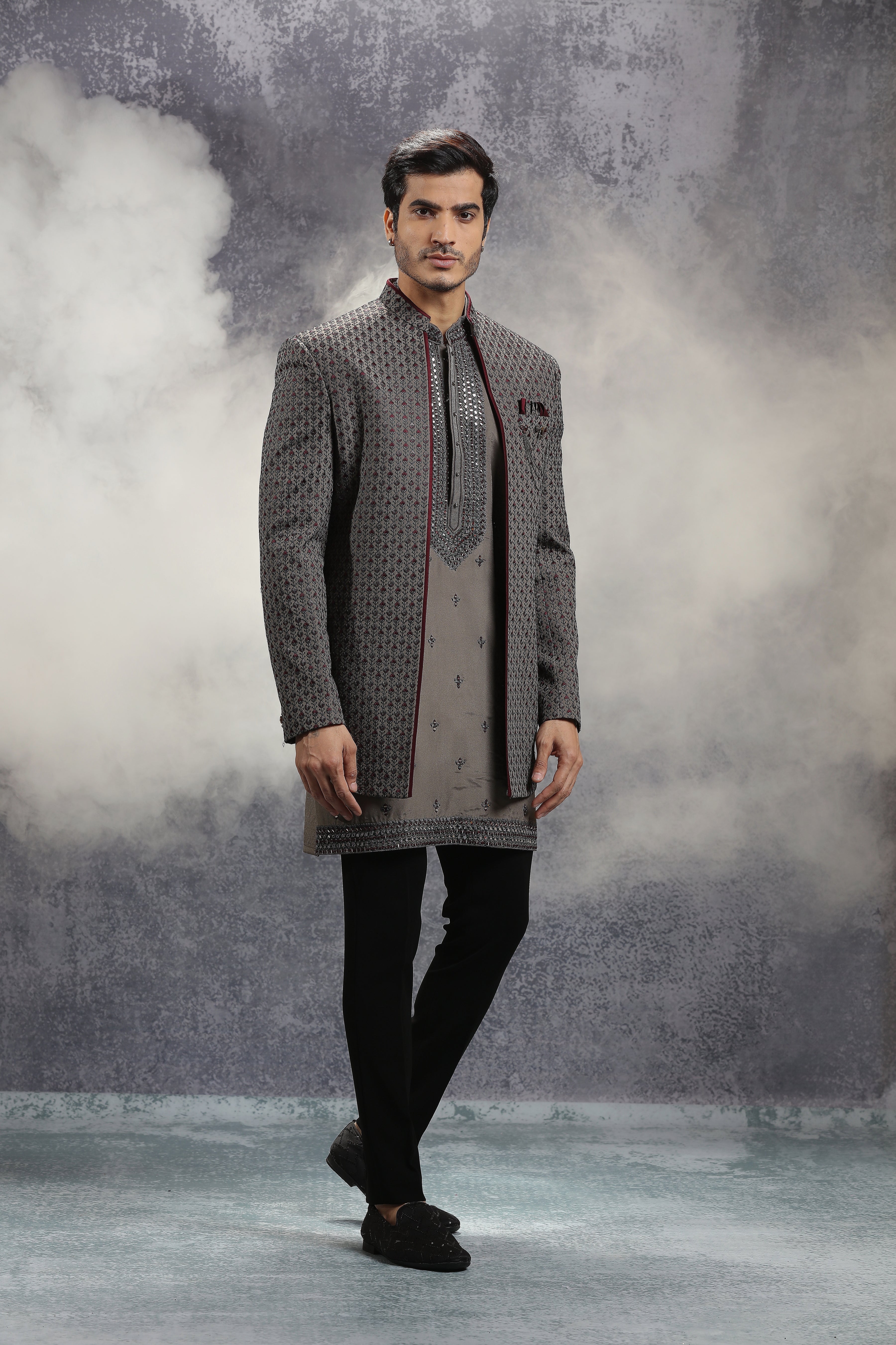 Grey Silk Indowestern With All-Over Floral Embroidery - Shreeman