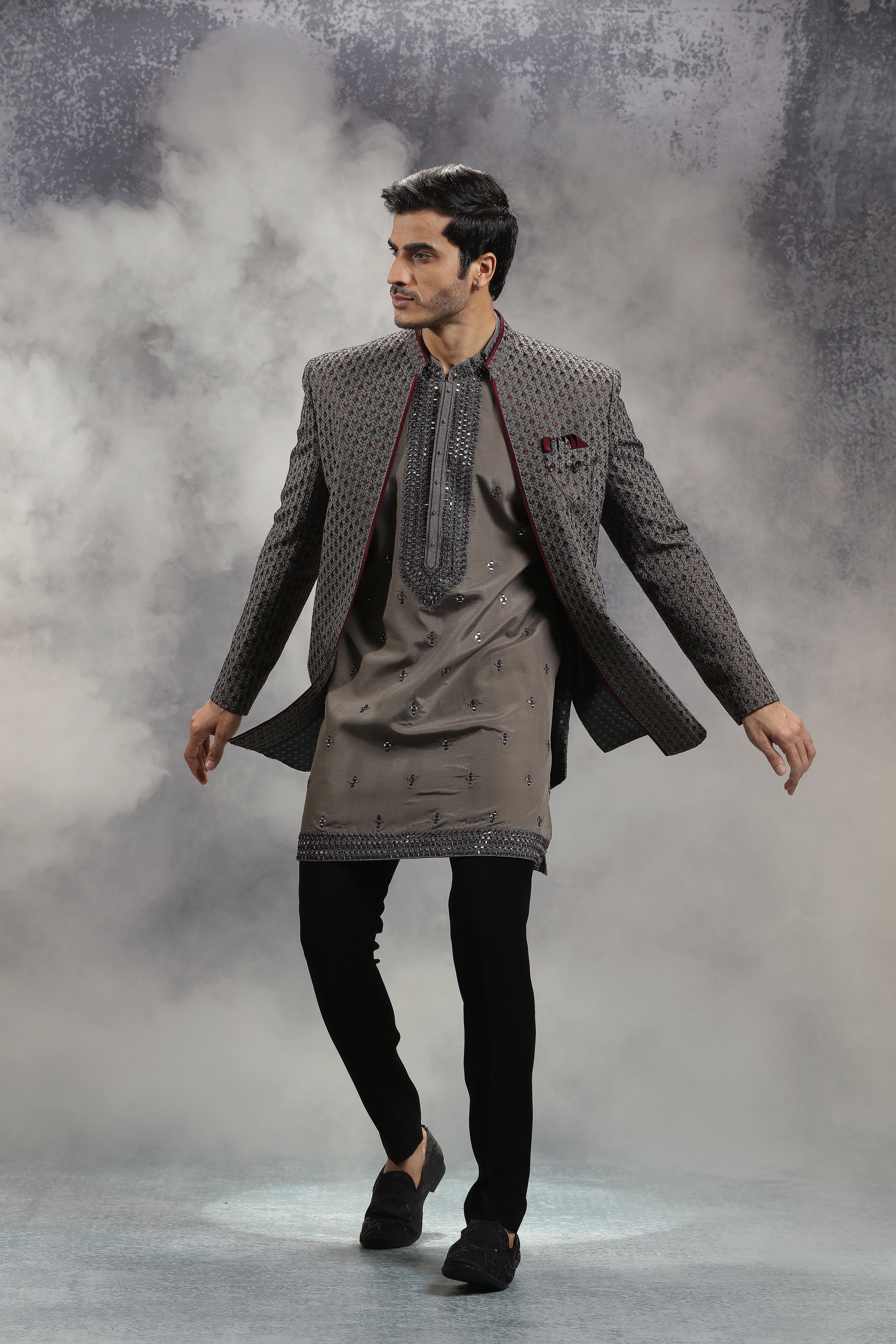 Grey Silk Indowestern With All-Over Floral Embroidery - Shreeman
