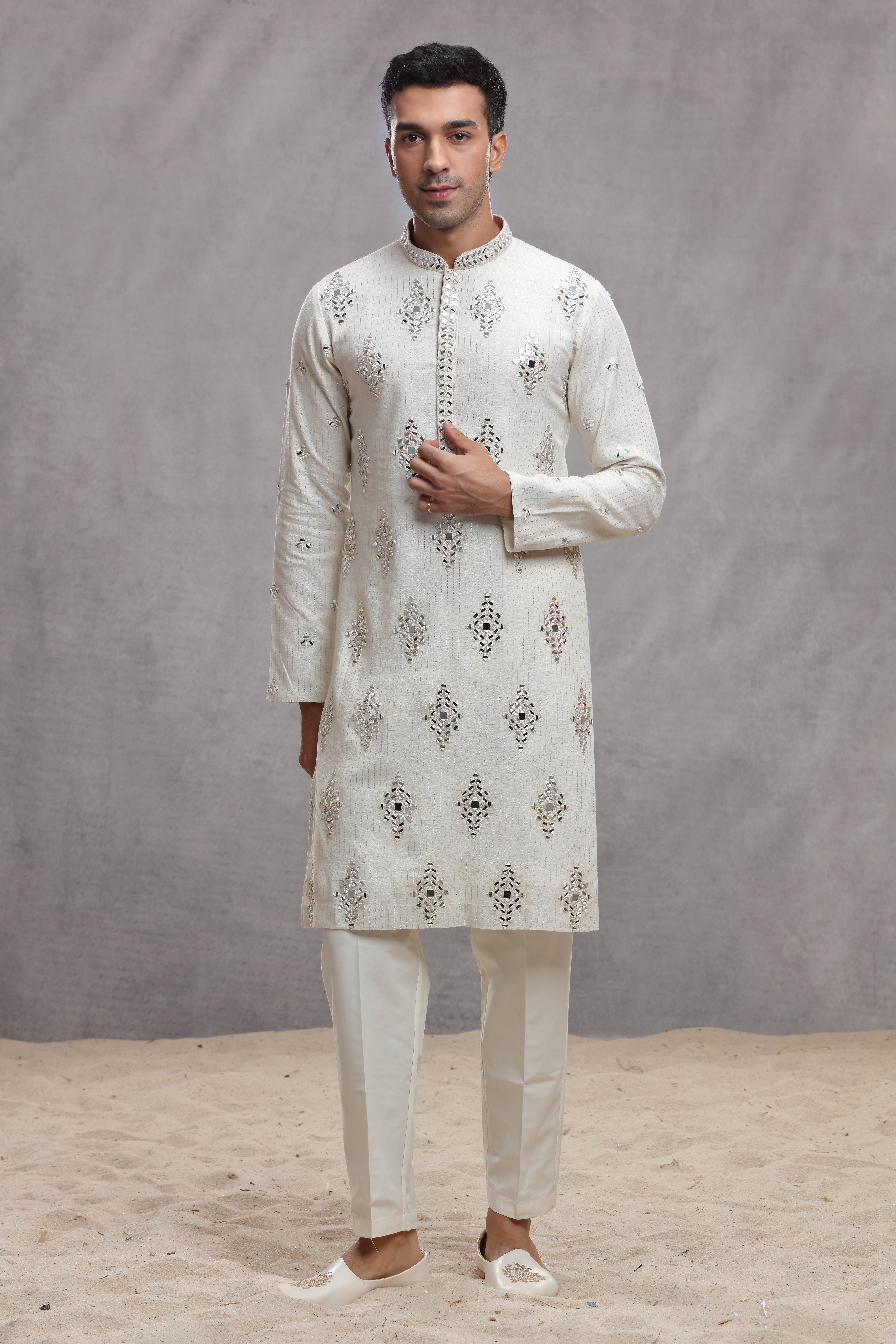 Ivory Chanderi Silk Kurta with Mirror Work