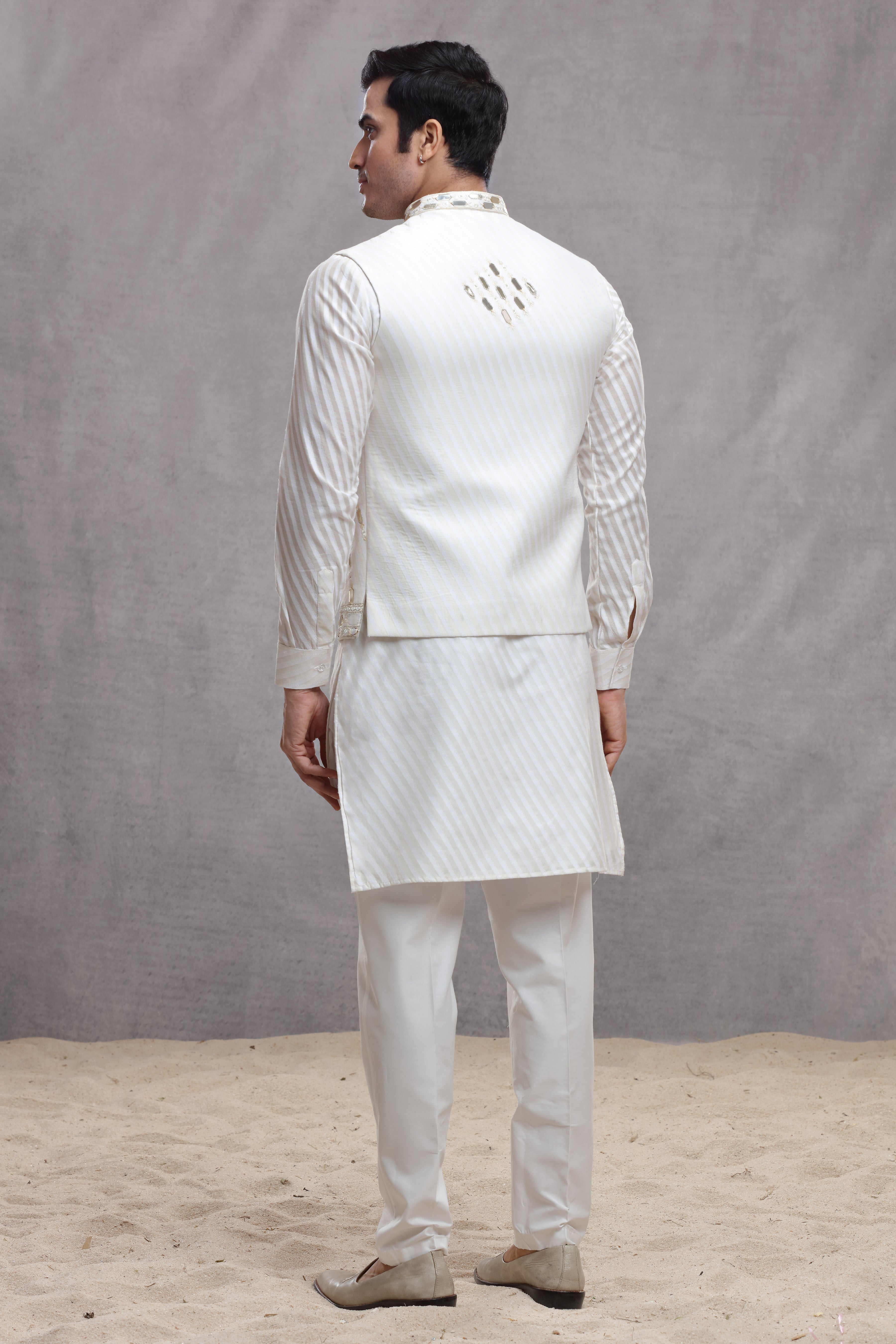 White Chanderi Silk Koti Kurta with Mirror Work
