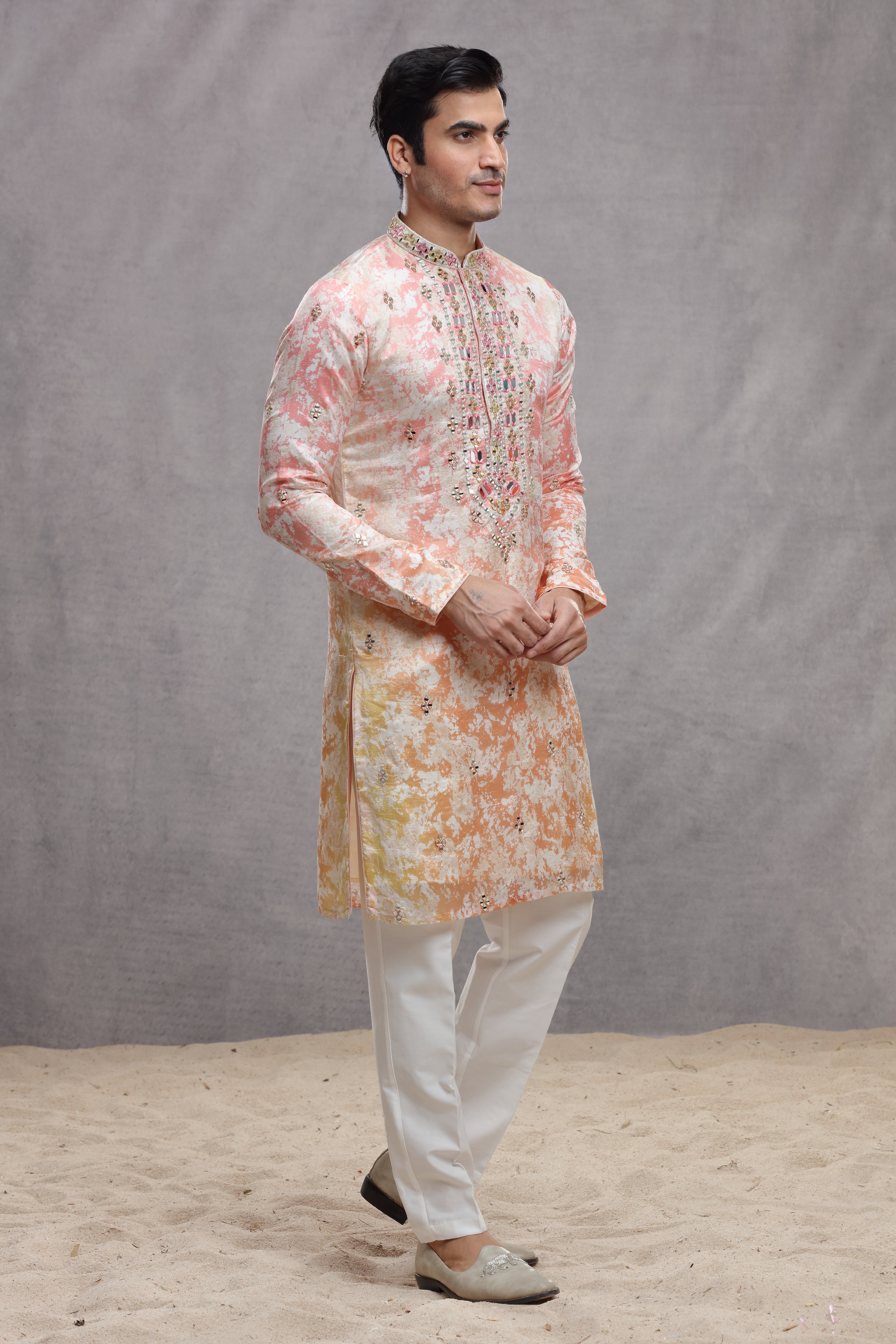Tie and Dye Ombre Silk Kurta with Mirror Work