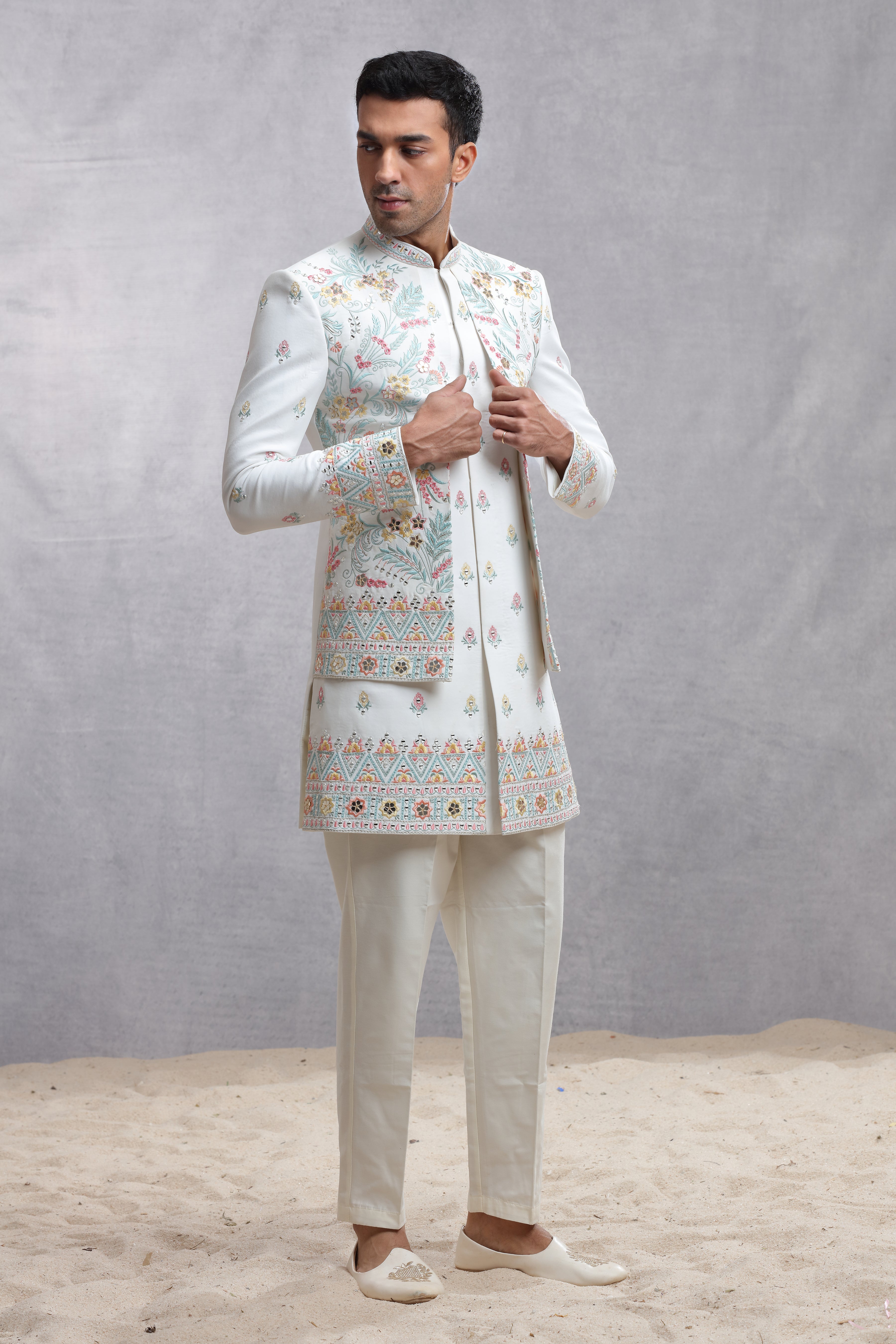 Ivory Raw Silk Indo Western with Thread Work & Mirror