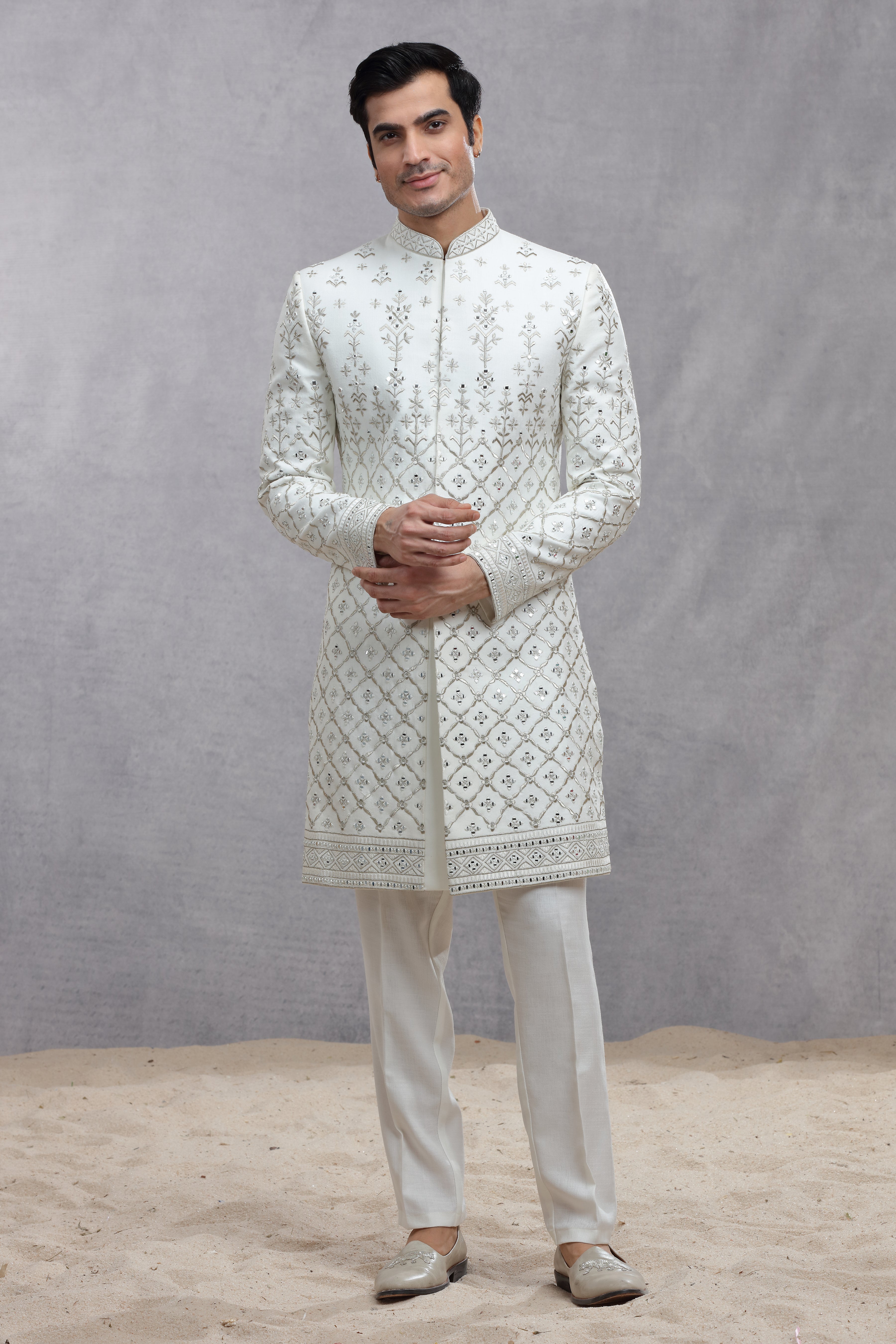 Ivory Raw Silk Sherwani with Silver Thread Work & Mirror