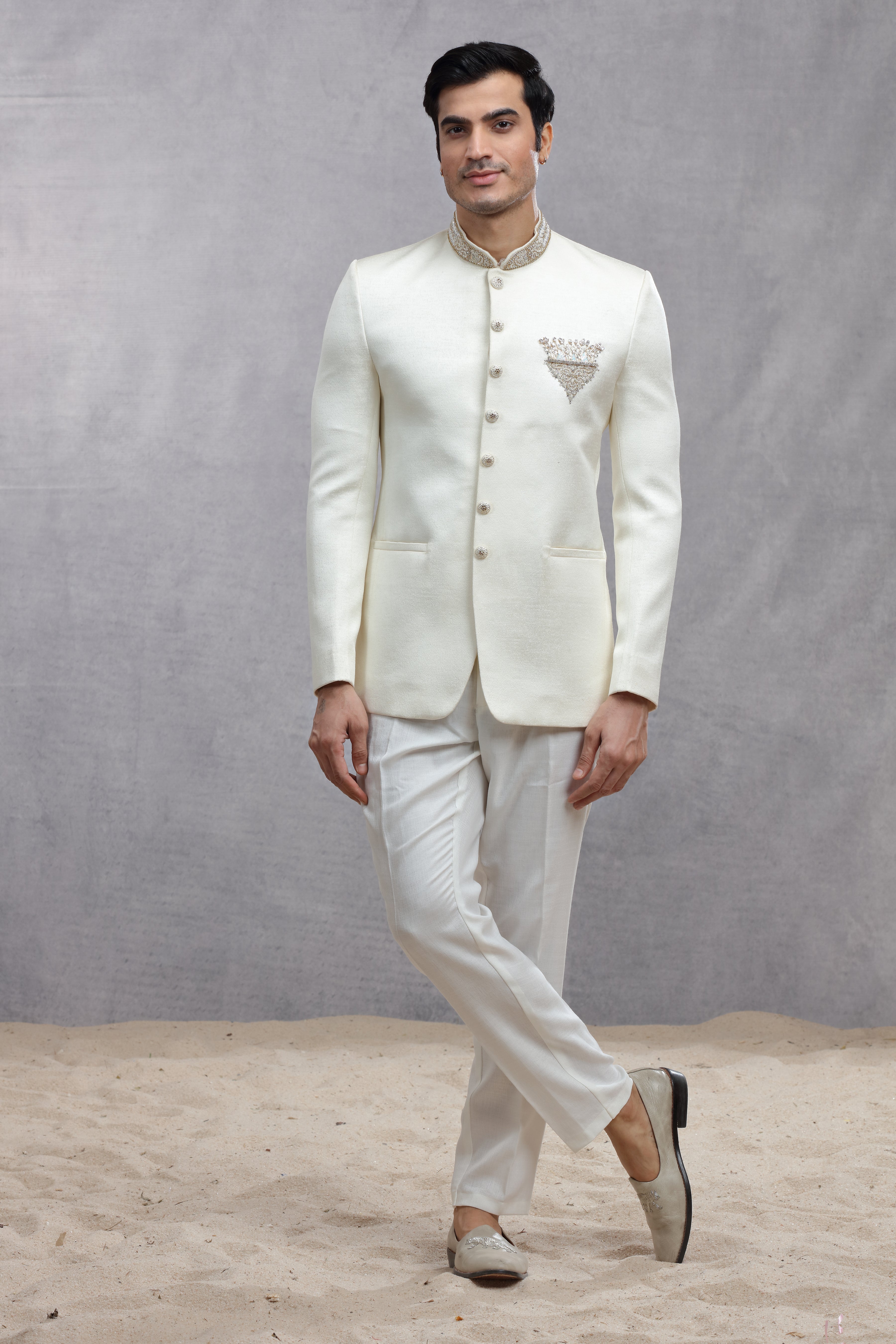 Ivory Raw Silk Jodhpuri Suit with Zardosi Work