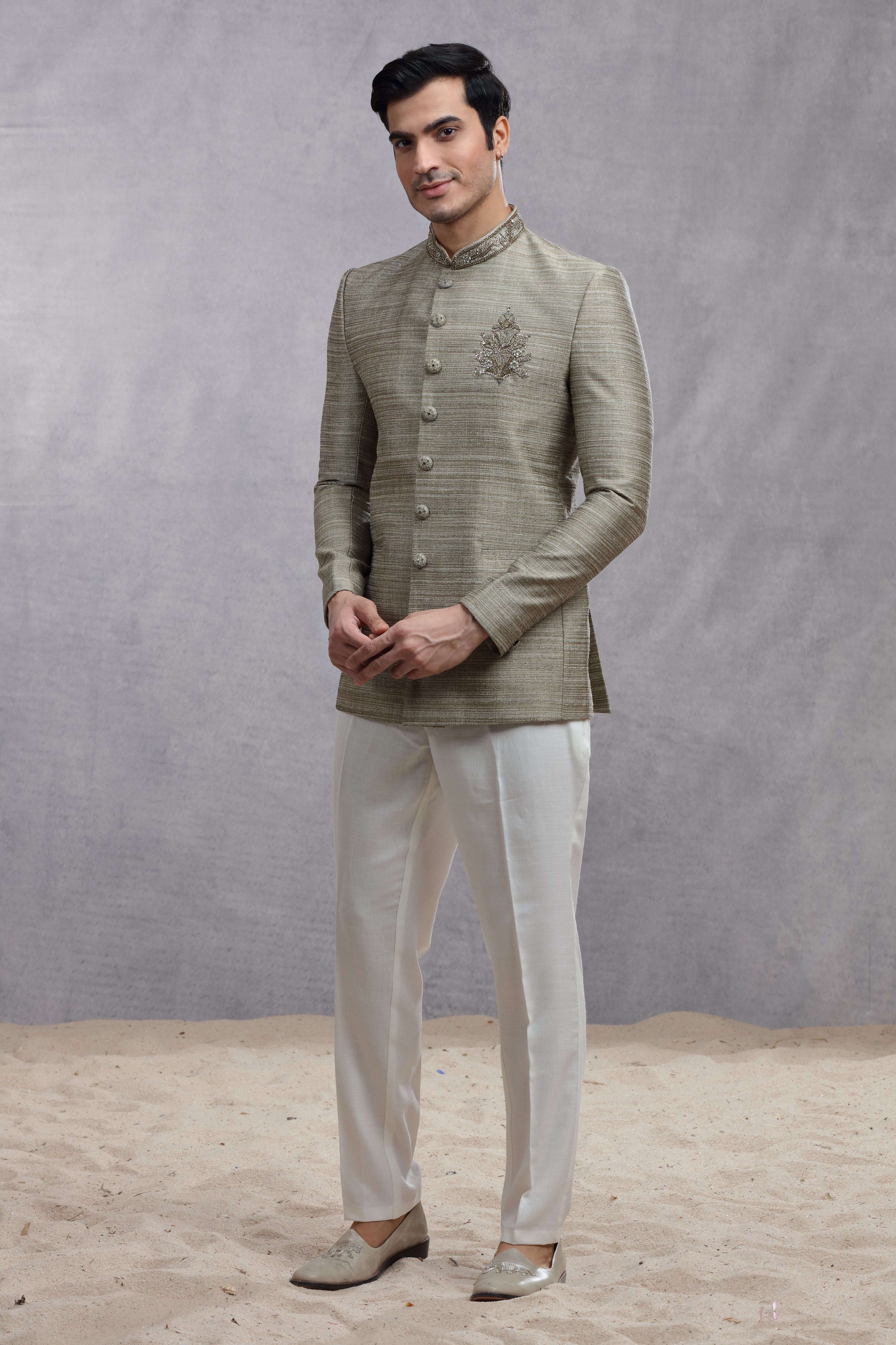 Grey Raw Silk Jodhpuri Suit with Jardoji Work