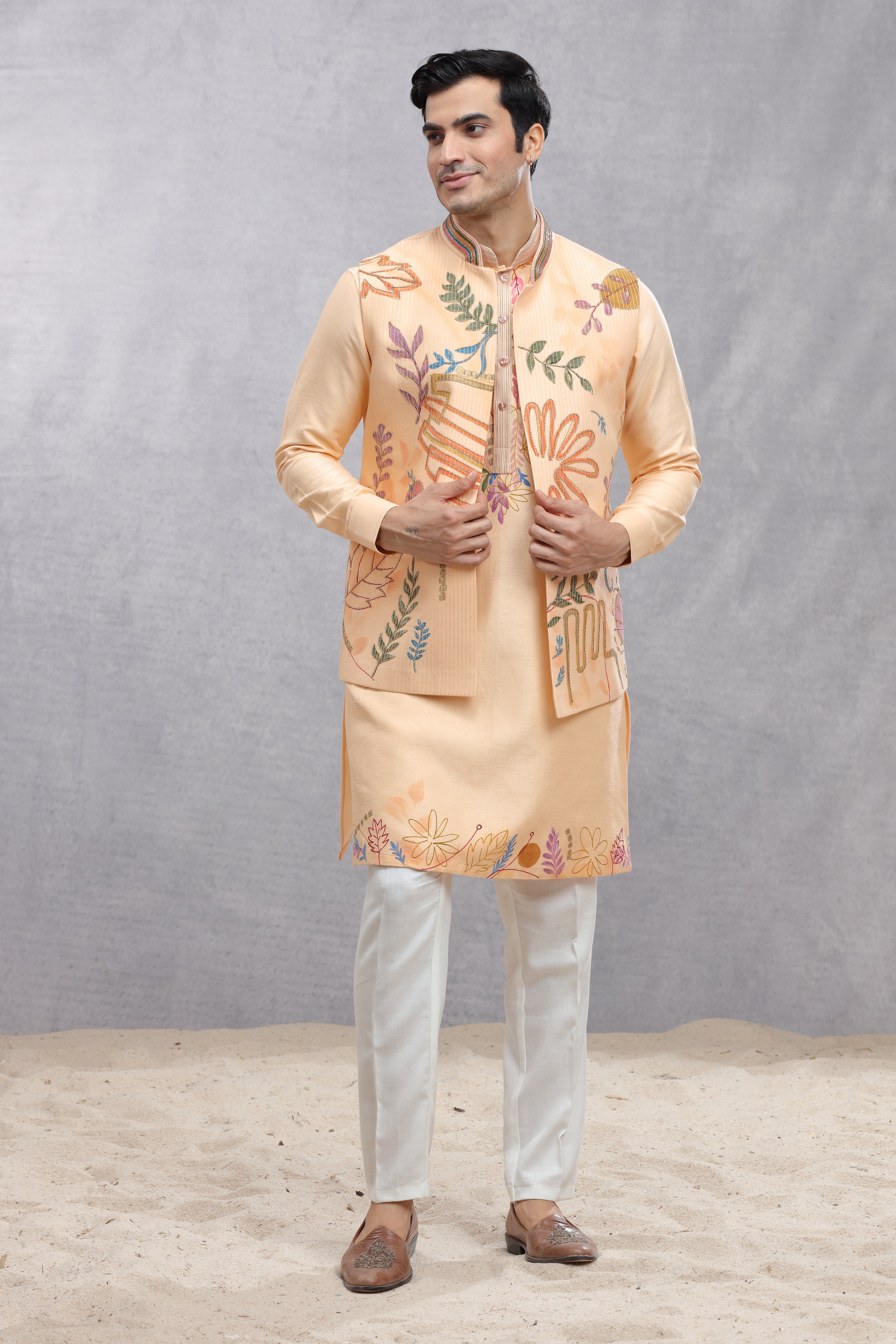 Peach Silk Koti & Kurta with Hand-Painted Embroidery