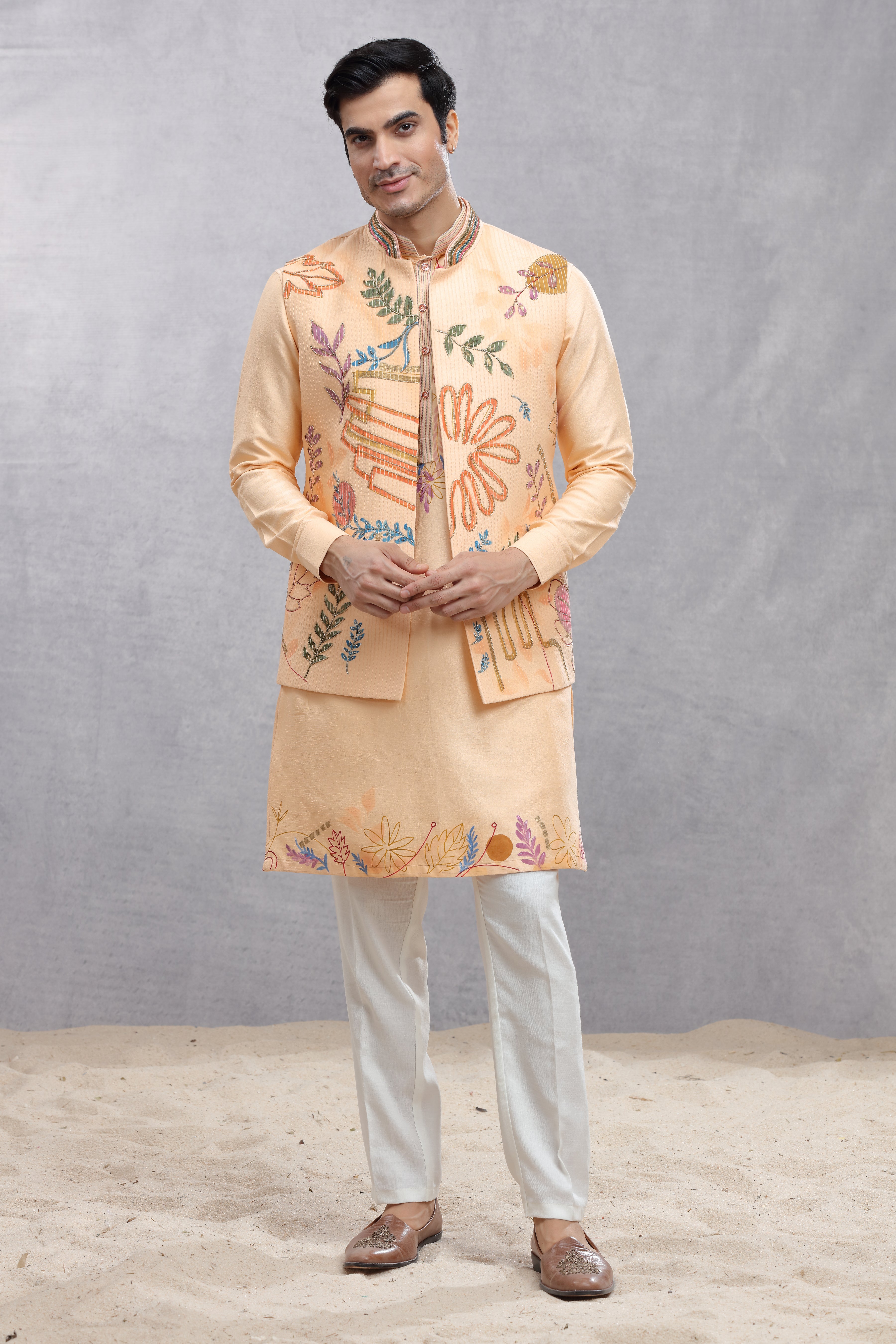 Peach Silk Koti & Kurta with Hand-Painted Embroidery