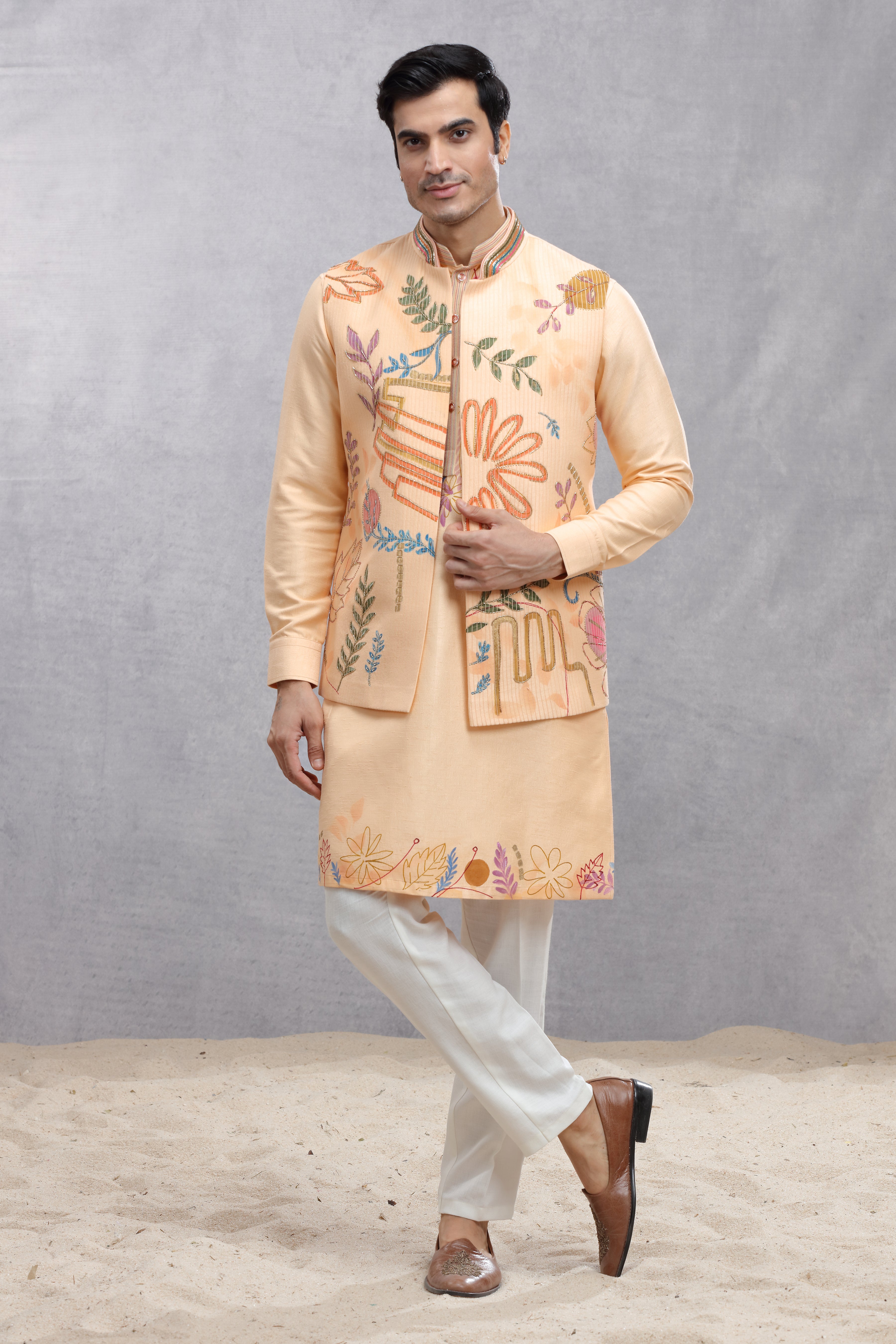 Peach Silk Koti & Kurta with Hand-Painted Embroidery