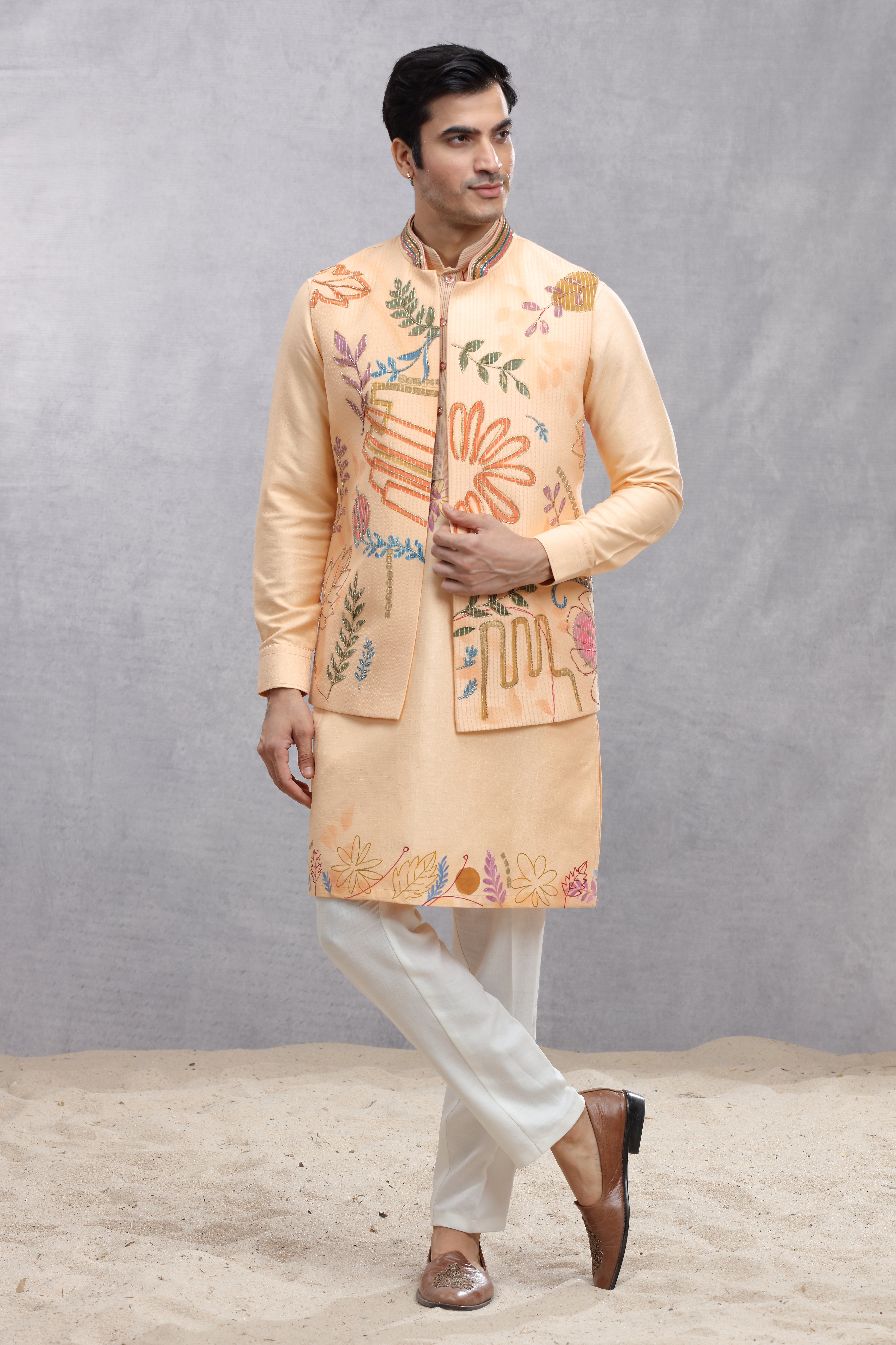 Peach Silk Koti & Kurta with Hand-Painted Embroidery