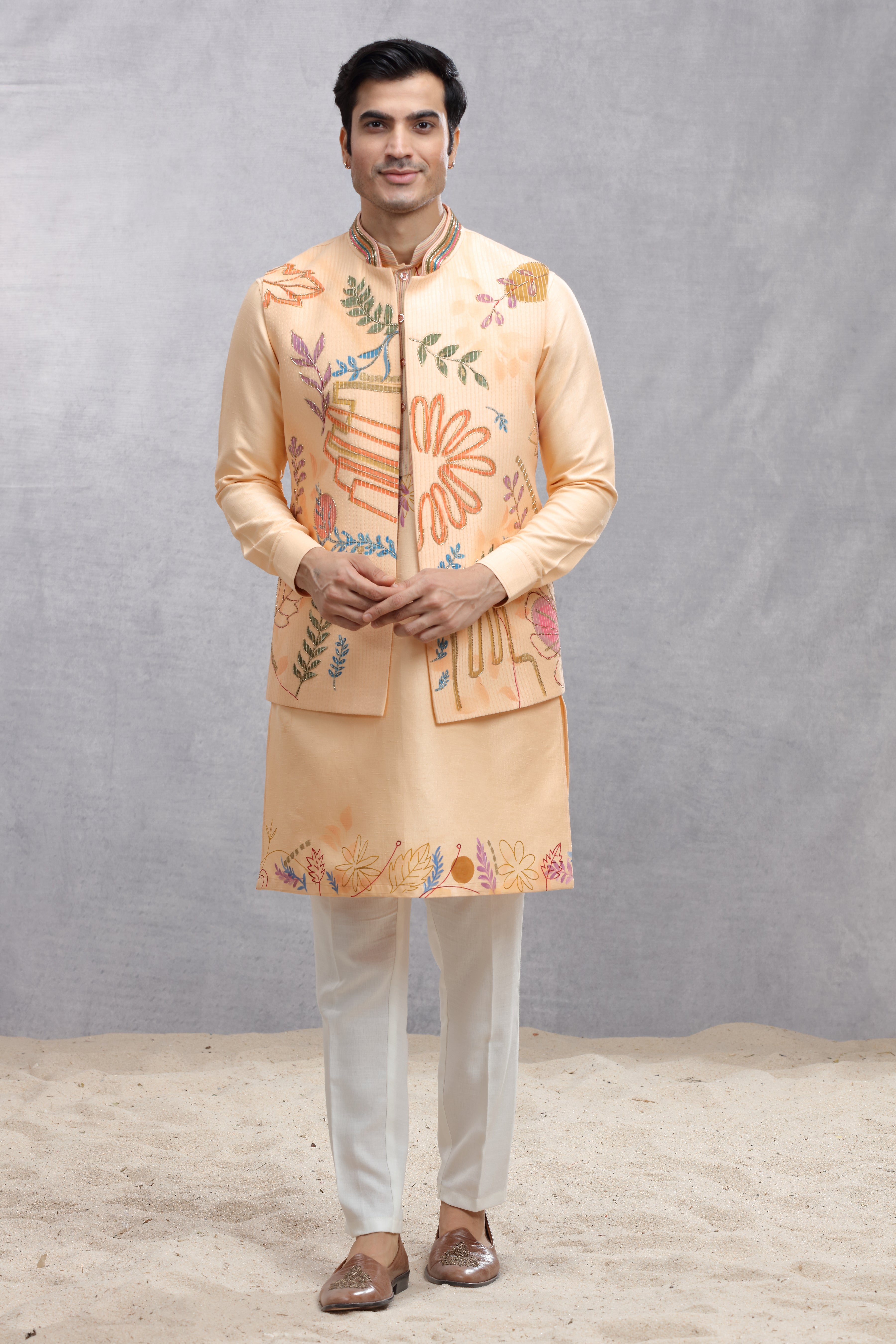 Peach Silk Koti & Kurta with Hand-Painted Embroidery