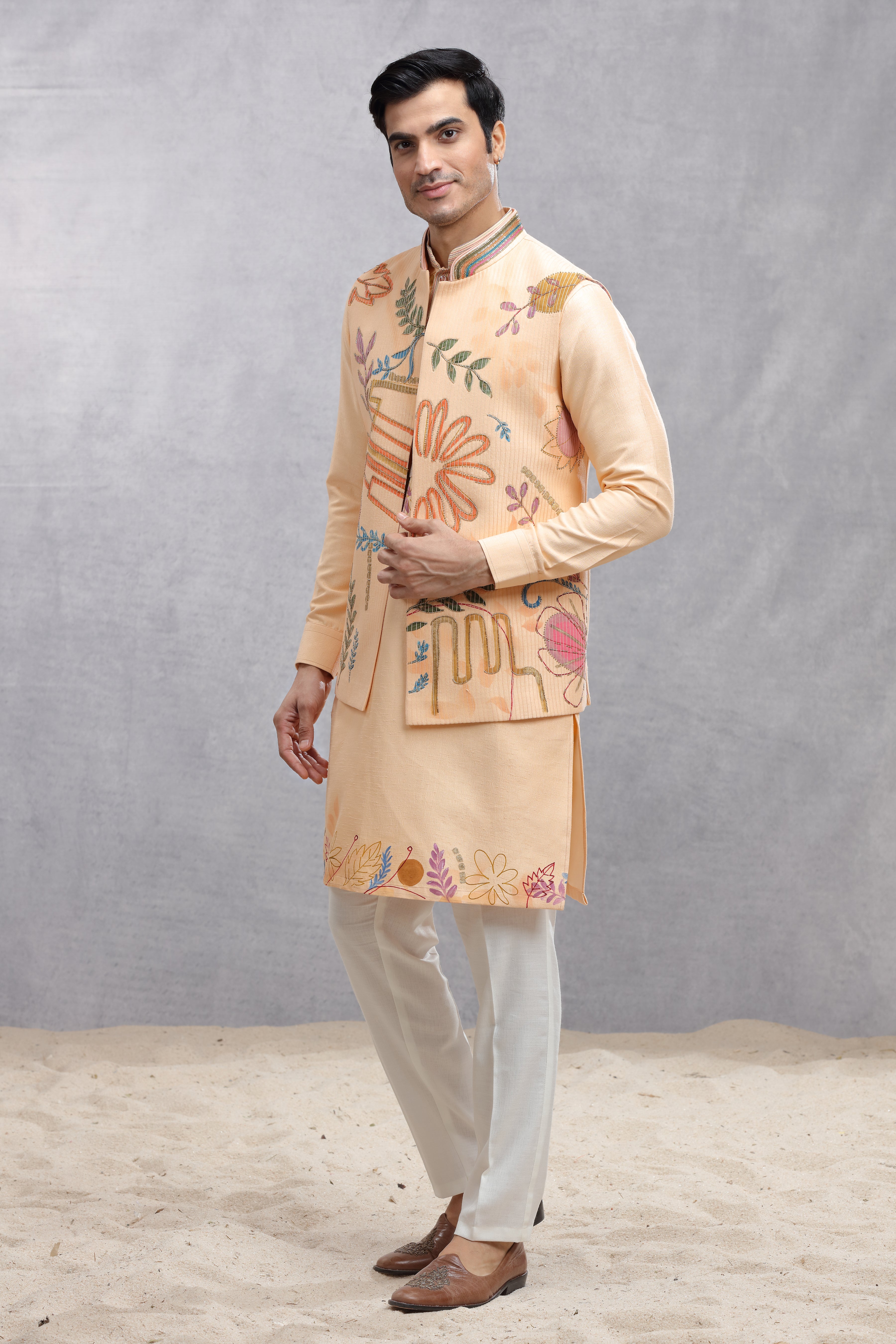 Peach Silk Koti & Kurta with Hand-Painted Embroidery
