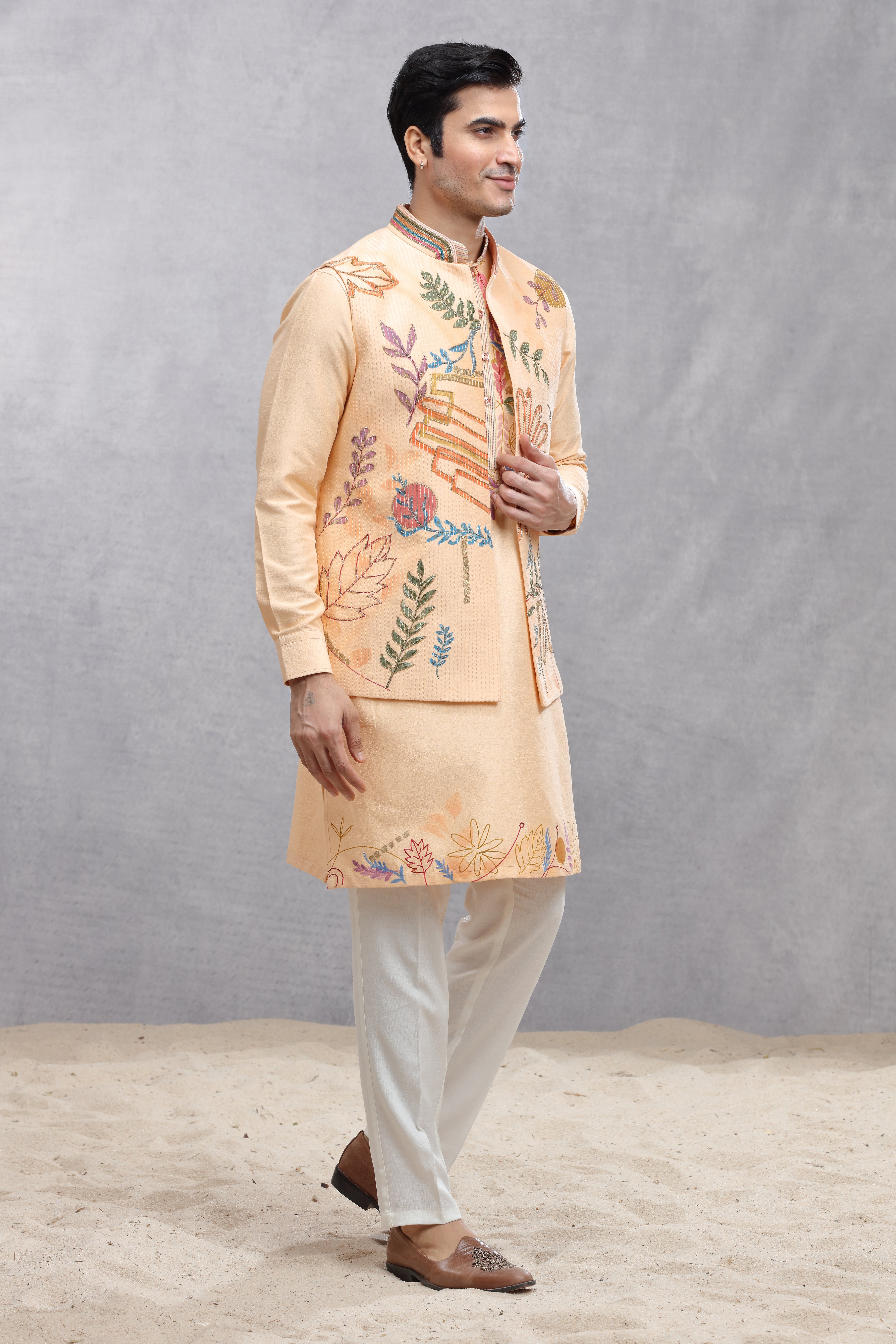 Peach Silk Koti & Kurta with Hand-Painted Embroidery