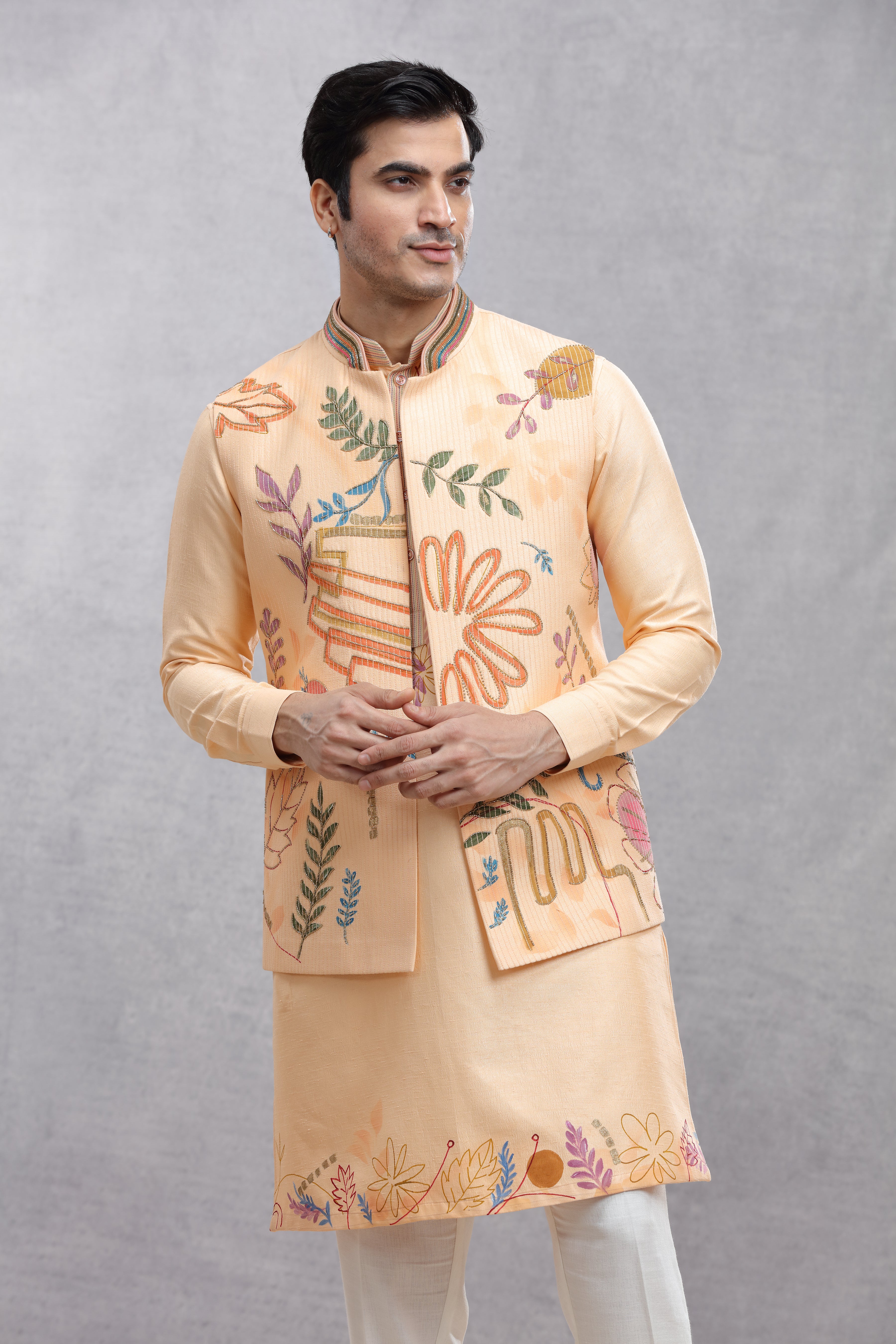 Peach Silk Koti & Kurta with Hand-Painted Embroidery