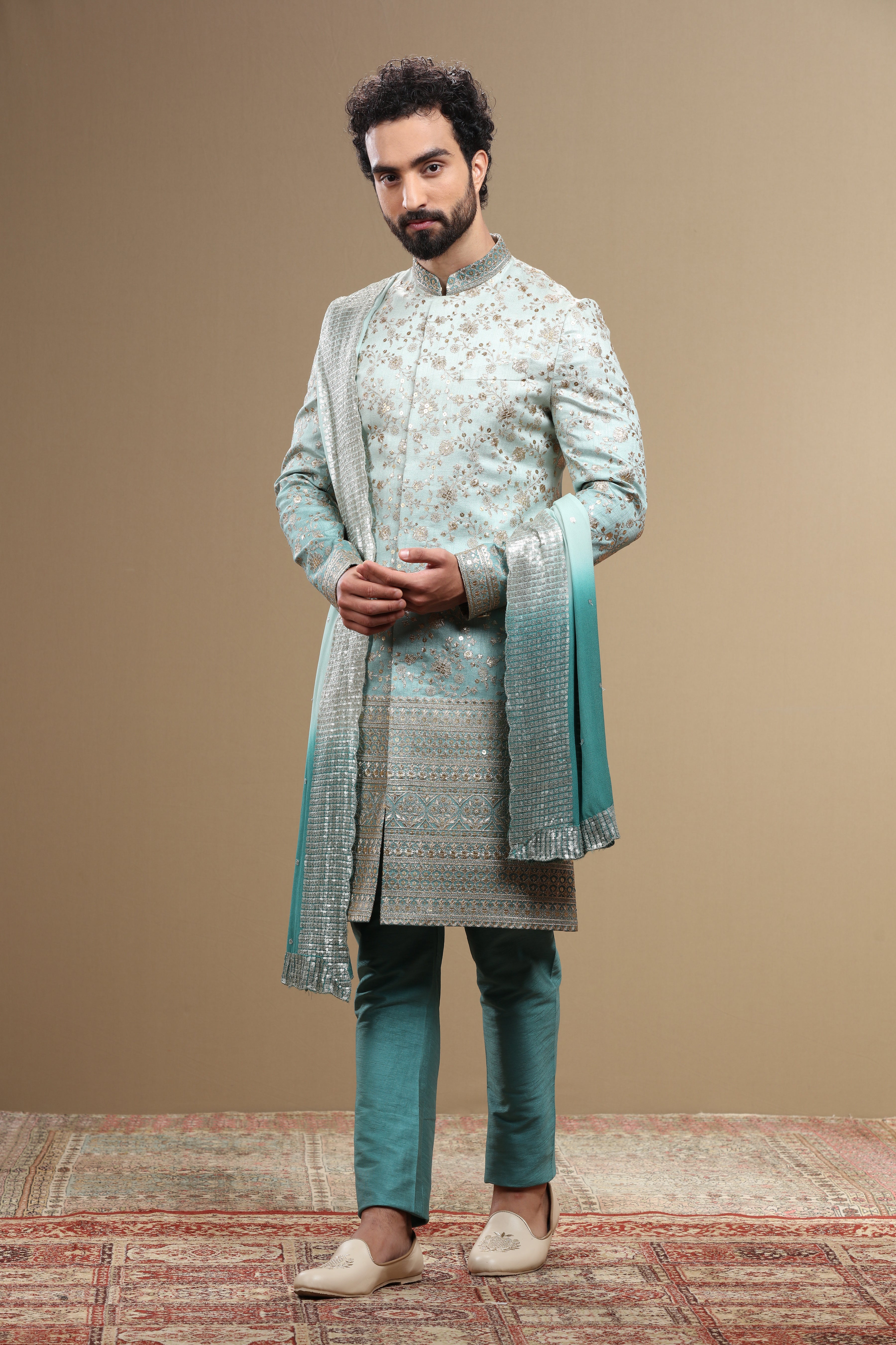 Blue Ombre Sherwani Set With Dupatta - Shreeman