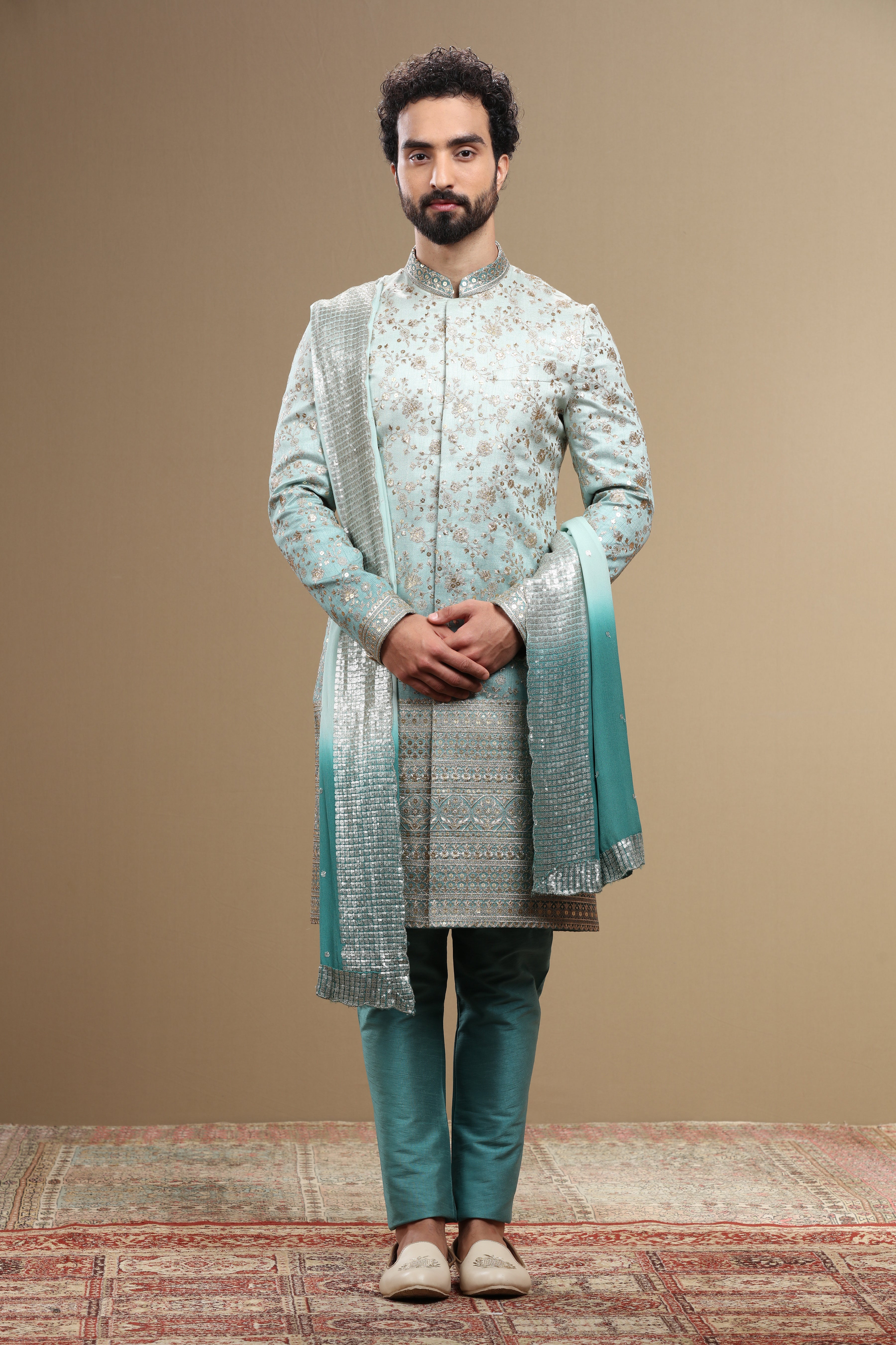 Blue Ombre Sherwani Set With Dupatta - Shreeman