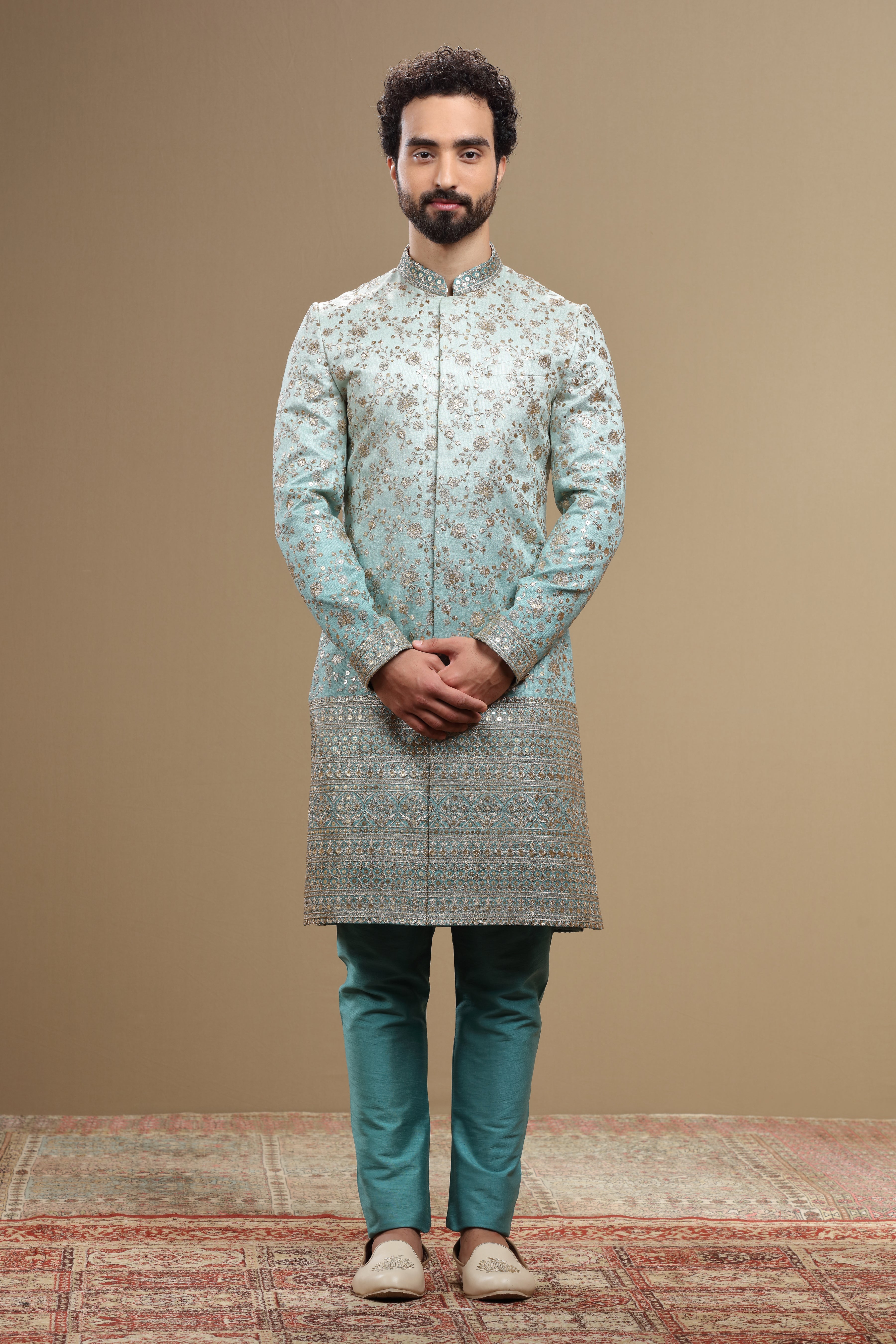 Blue Ombre Sherwani Set With Dupatta - Shreeman