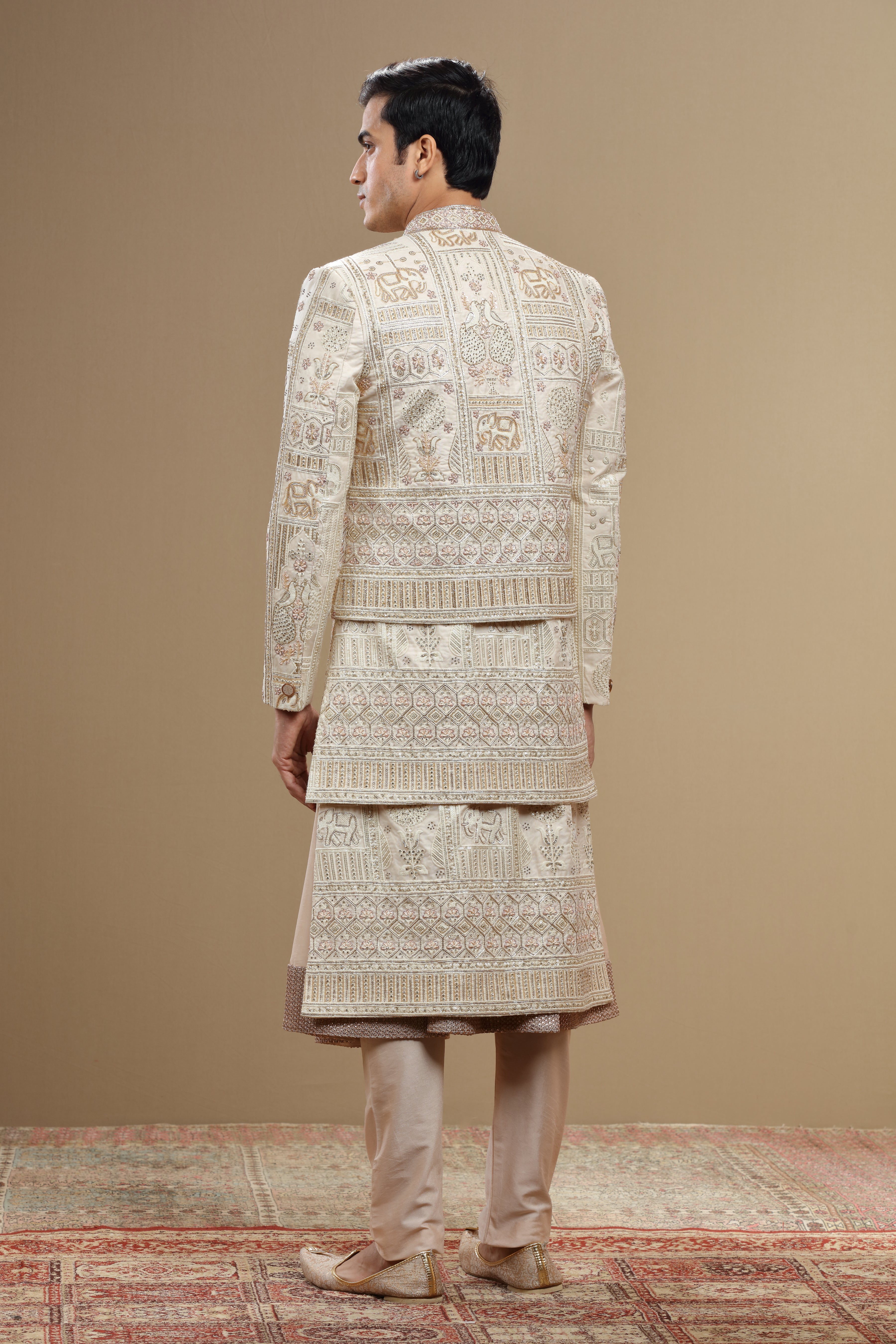 Ivory silk embroidered sherwani set with anarkali - Shreeman