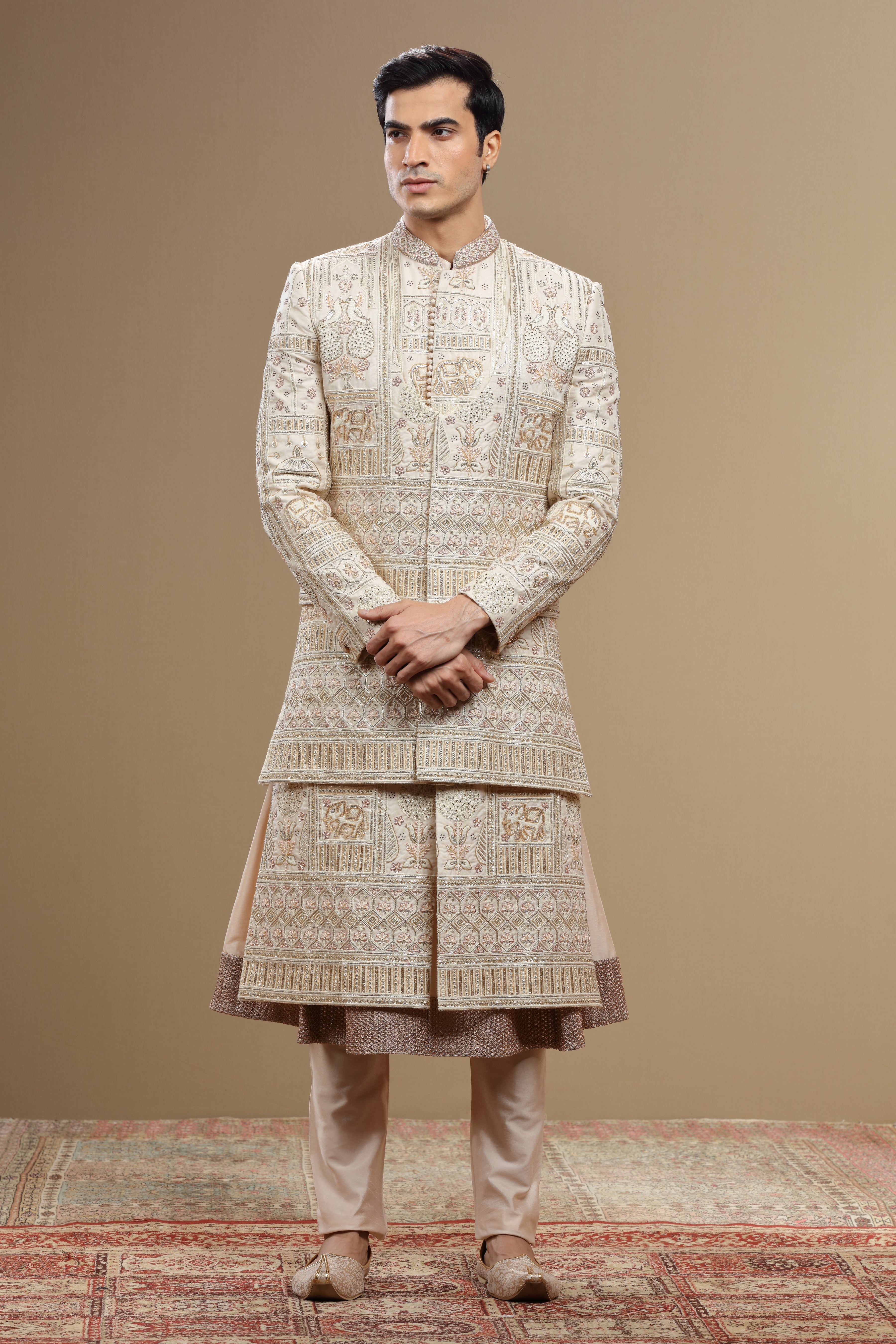 Ivory silk embroidered sherwani set with anarkali - Shreeman