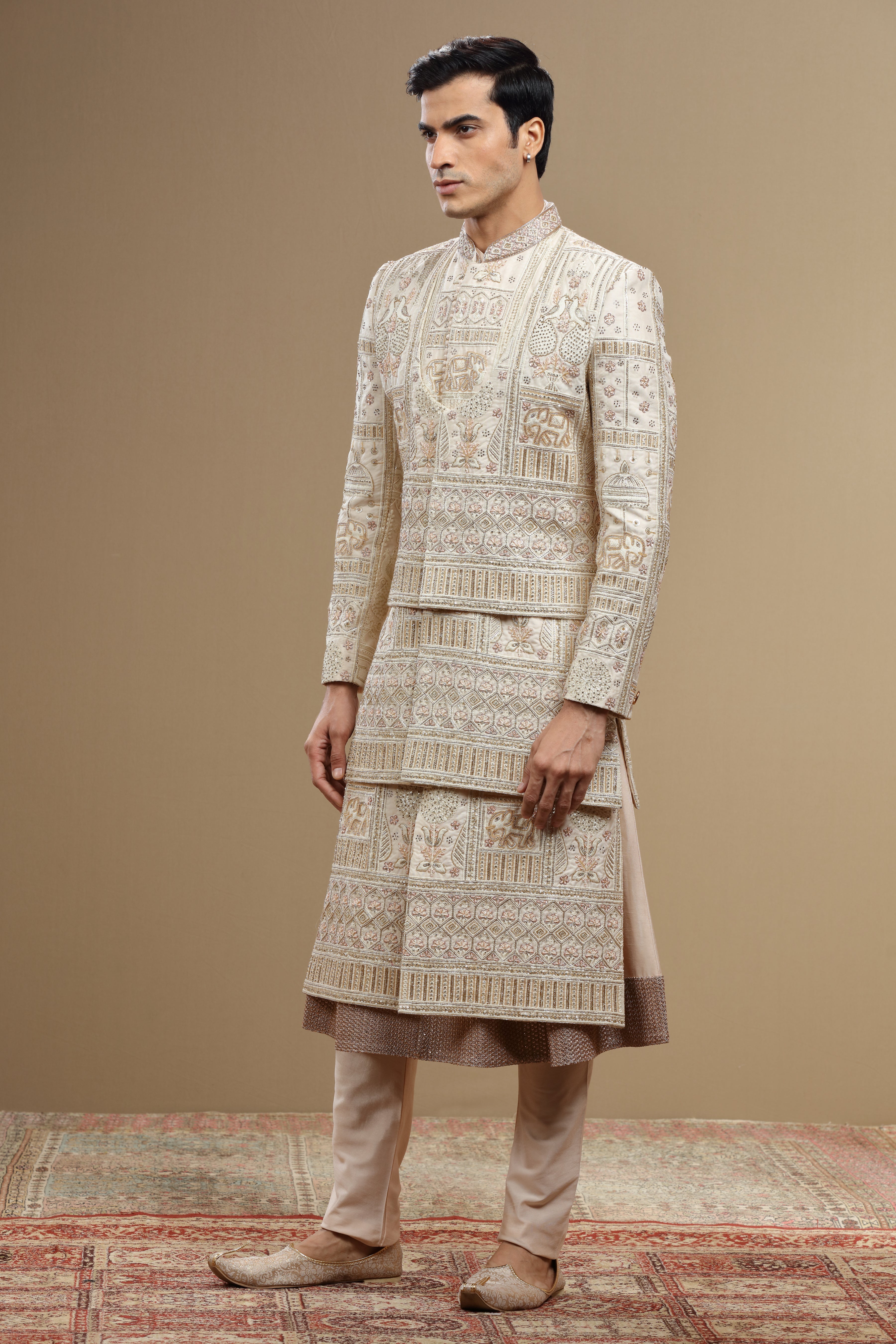 Cream Hand Embroidered Silk Sherwani Set With Anarkali - Shreeman