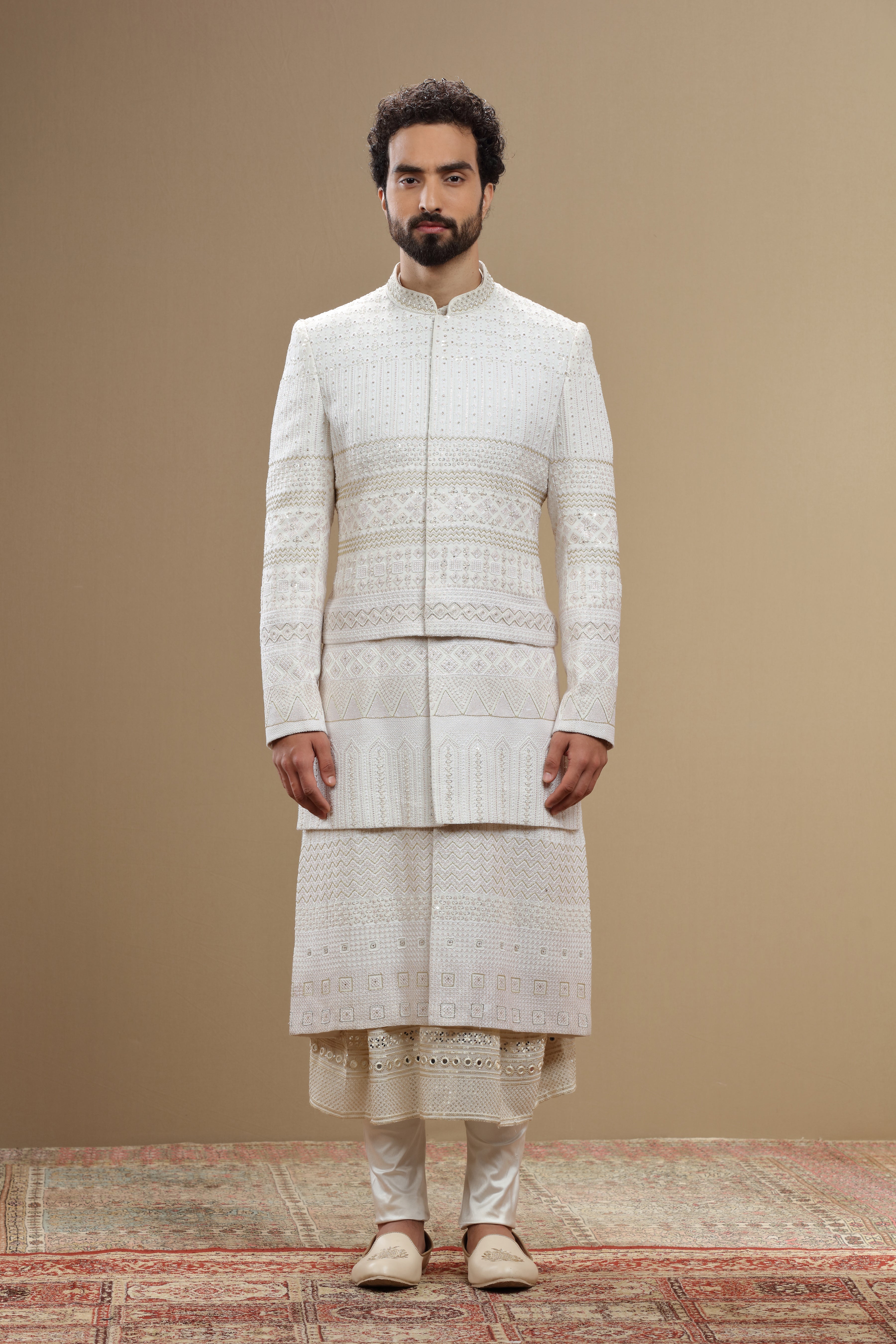 Ivory Silk Sherwani Set With Resham Sequin Embroidery - Shreeman