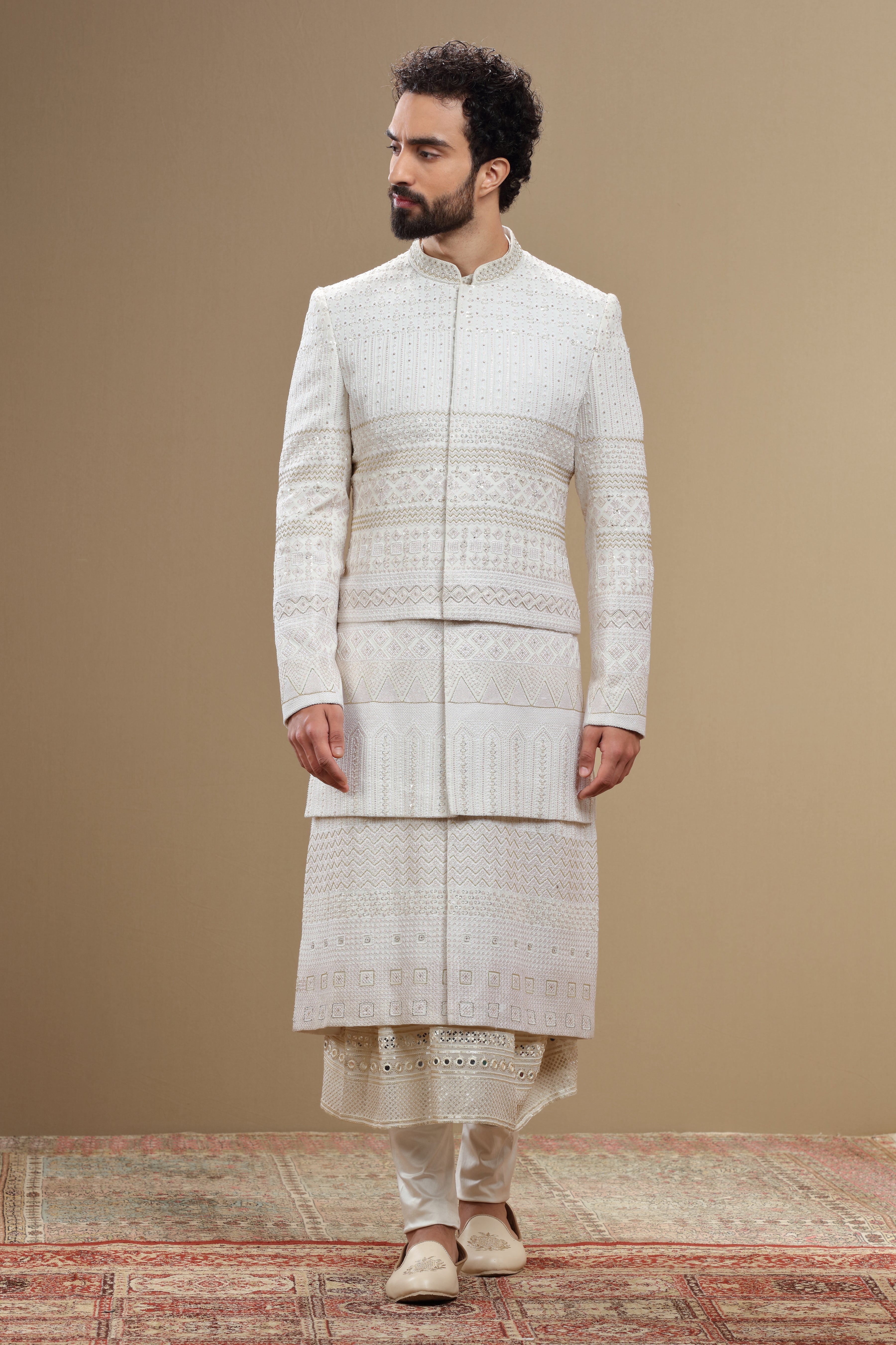 Ivory Silk Sherwani Set With Resham Sequin Embroidery - Shreeman