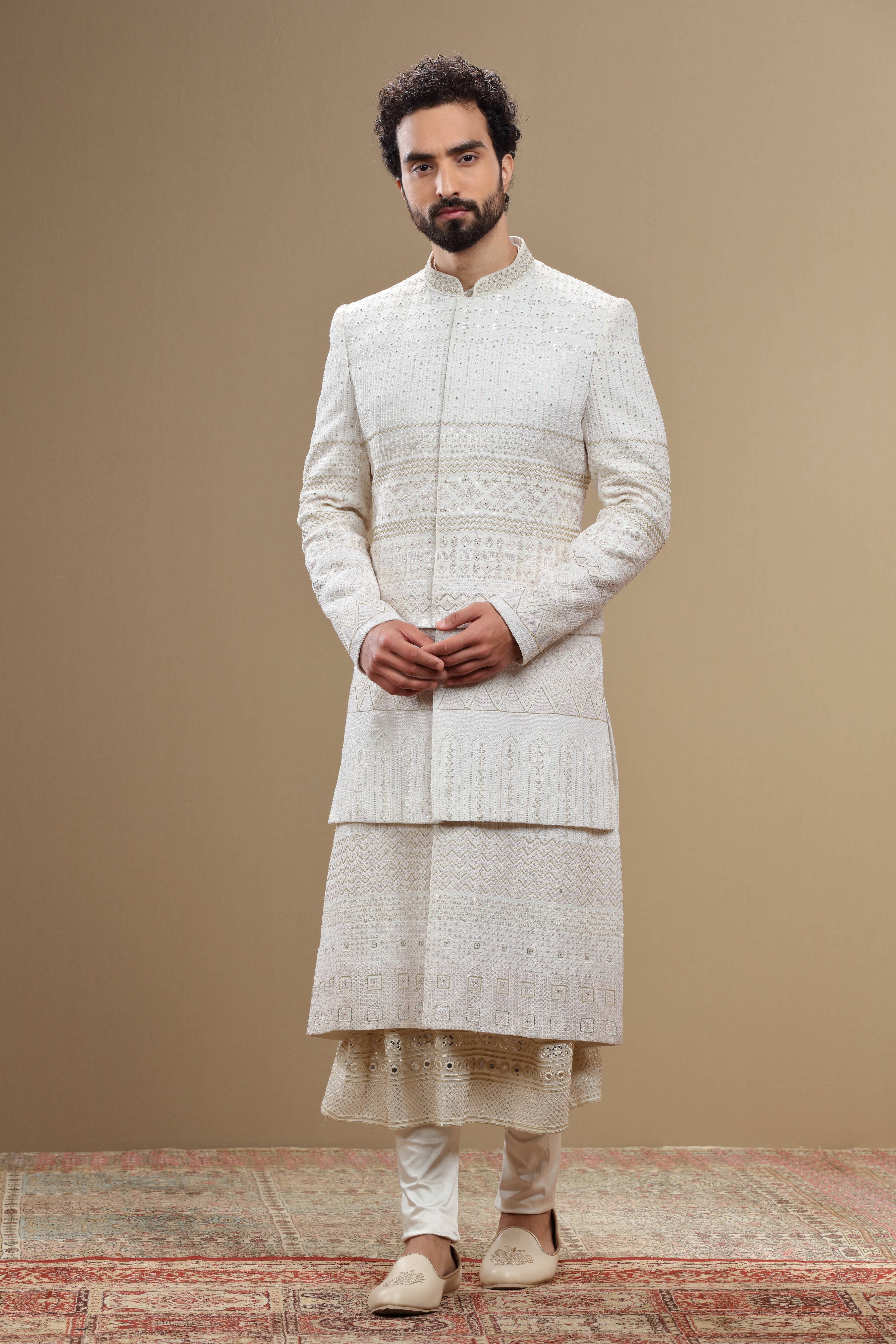 Ivory Silk Sherwani Set With Resham Sequin Embroidery - Shreeman