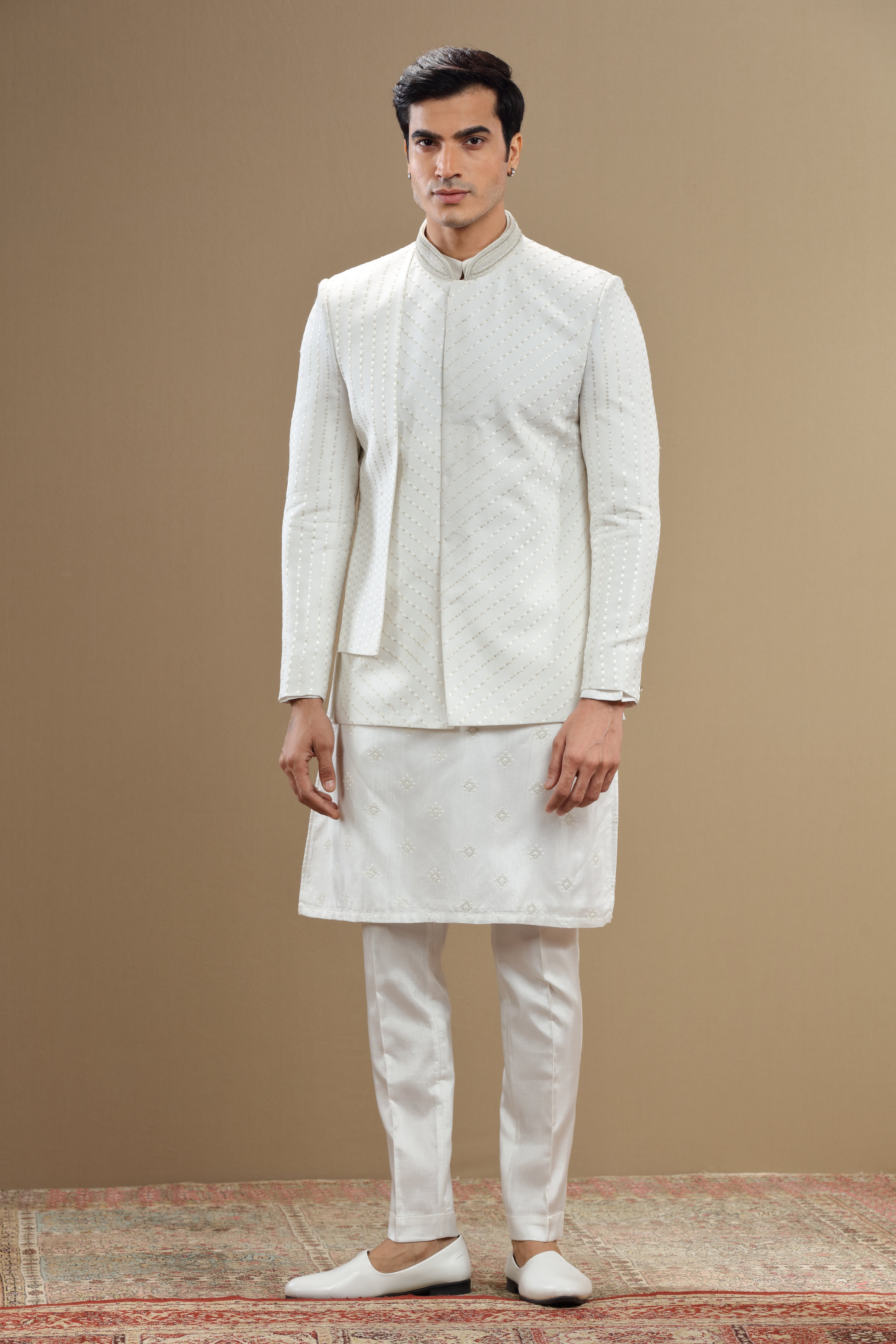 Ivory silk embroidered  sherwani set with anarkali - Shreeman