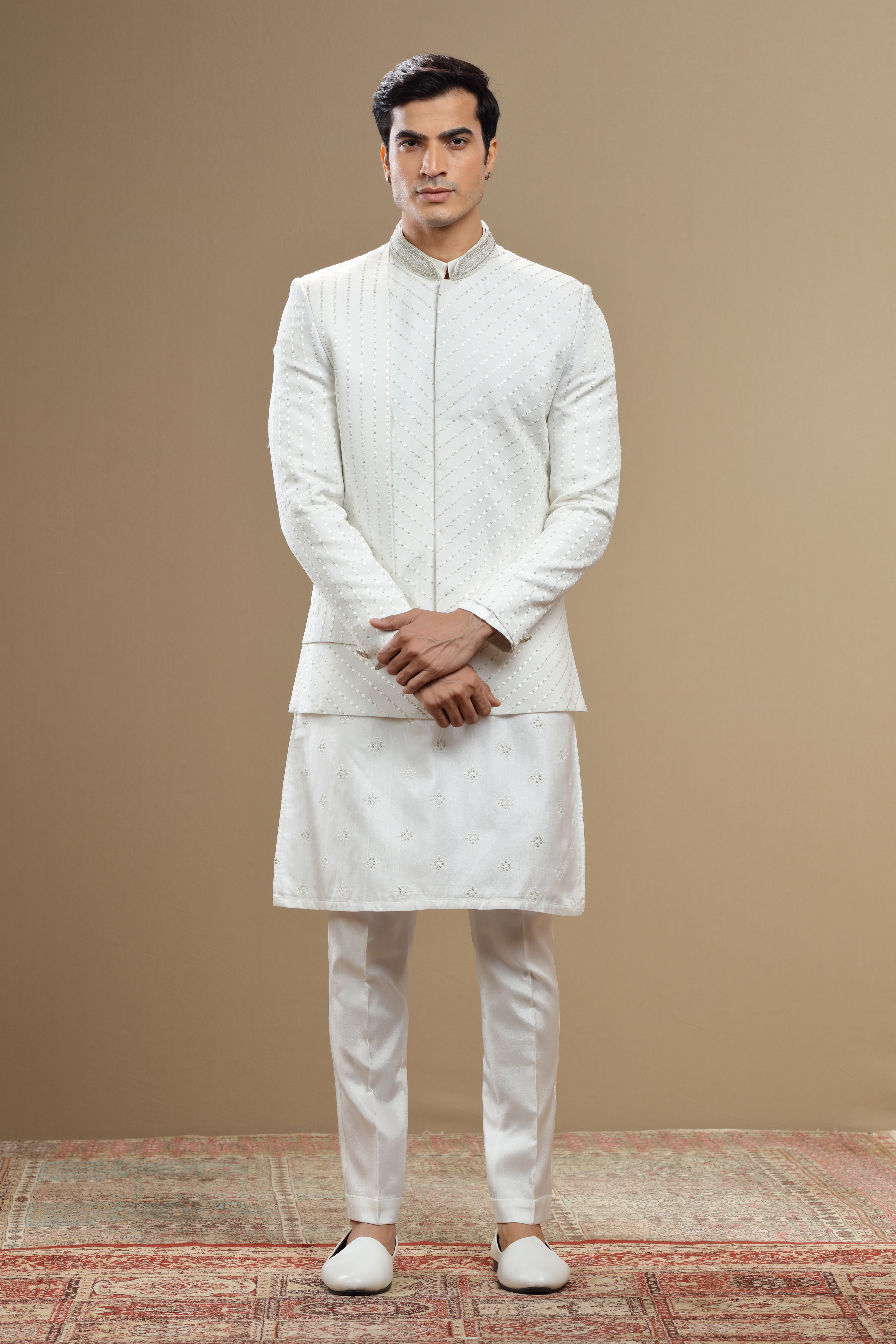 Ivory silk embroidered  sherwani set with anarkali - Shreeman