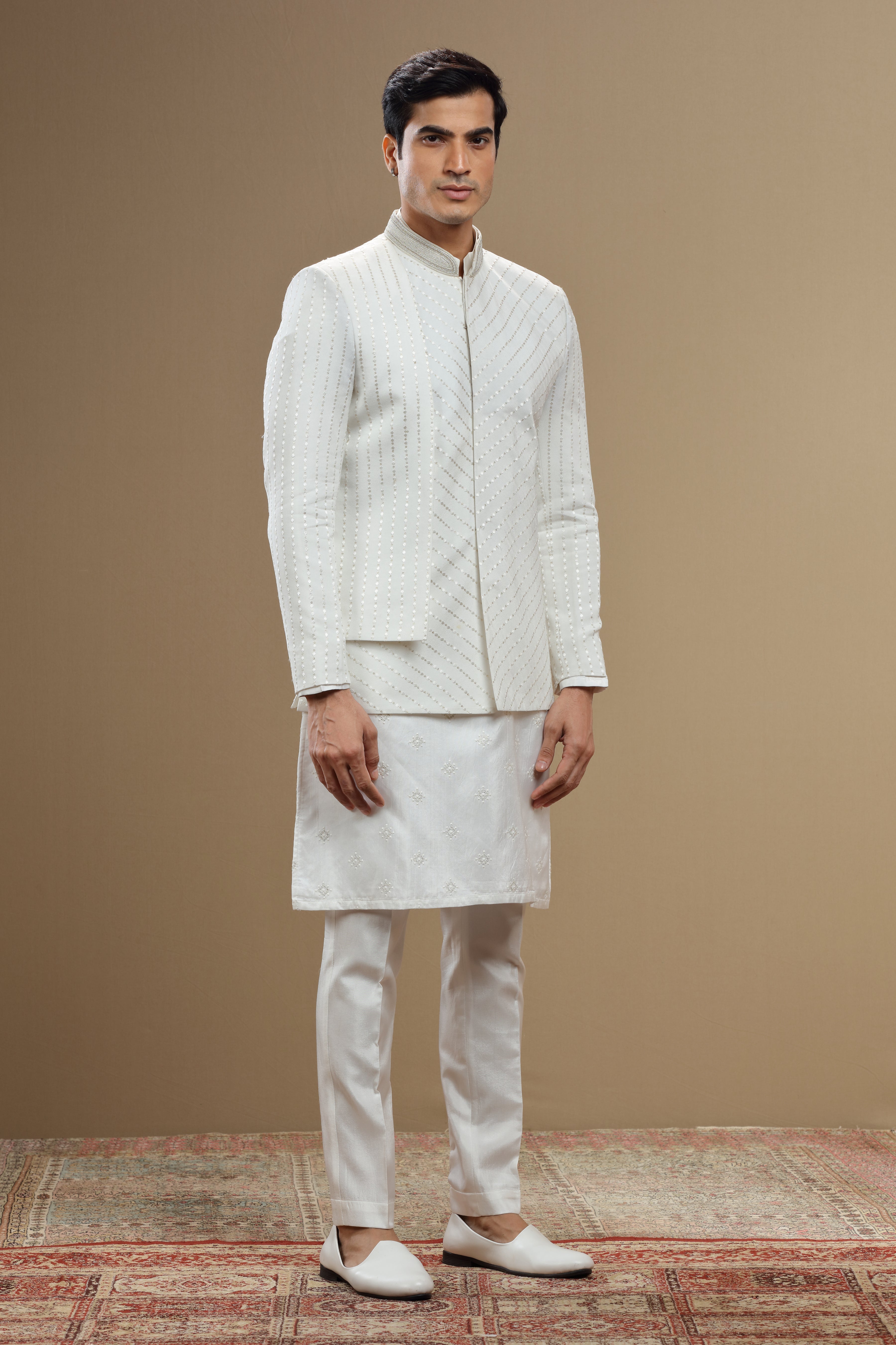 Ivory silk embroidered  sherwani set with anarkali - Shreeman