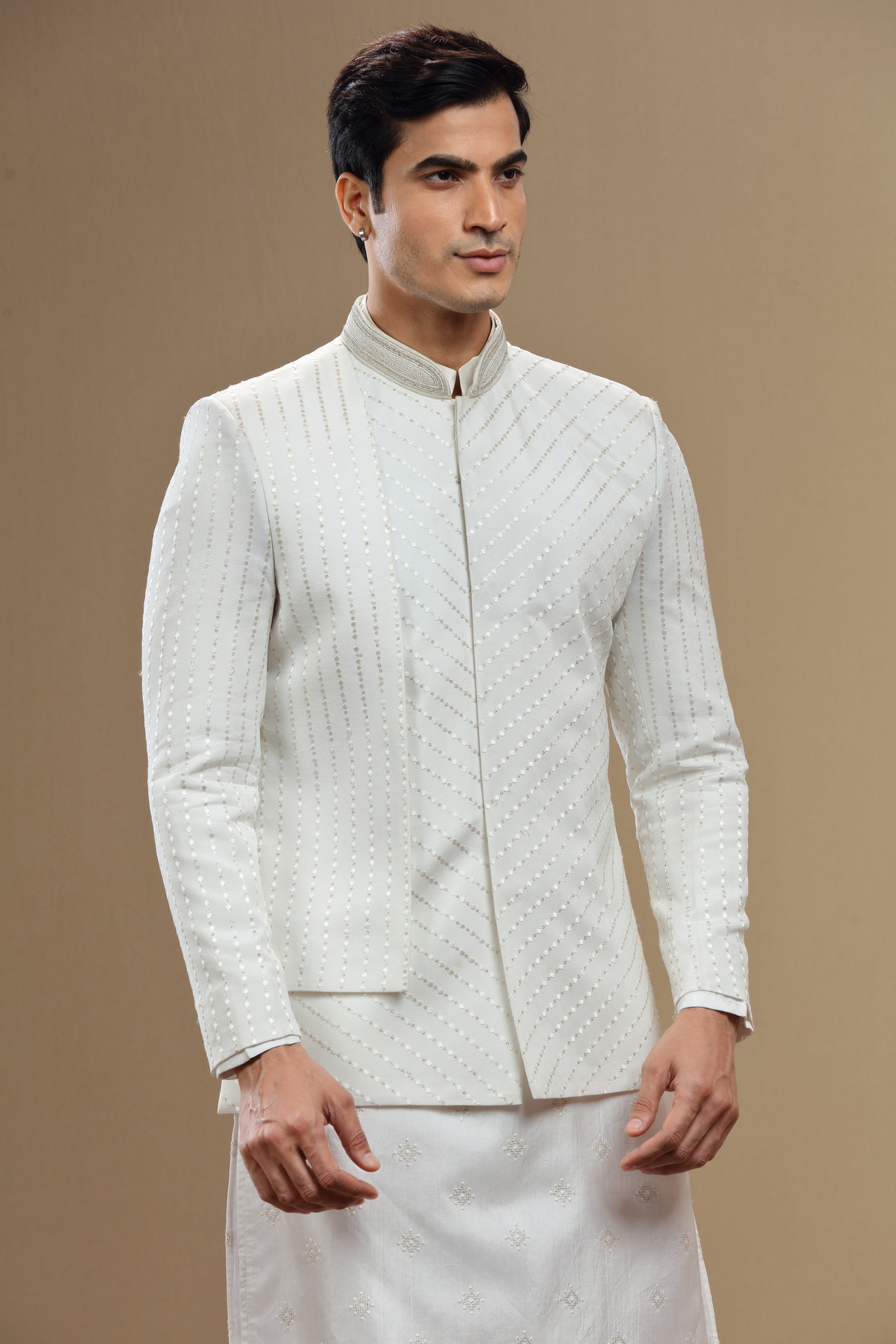 Ivory silk embroidered  sherwani set with anarkali - Shreeman