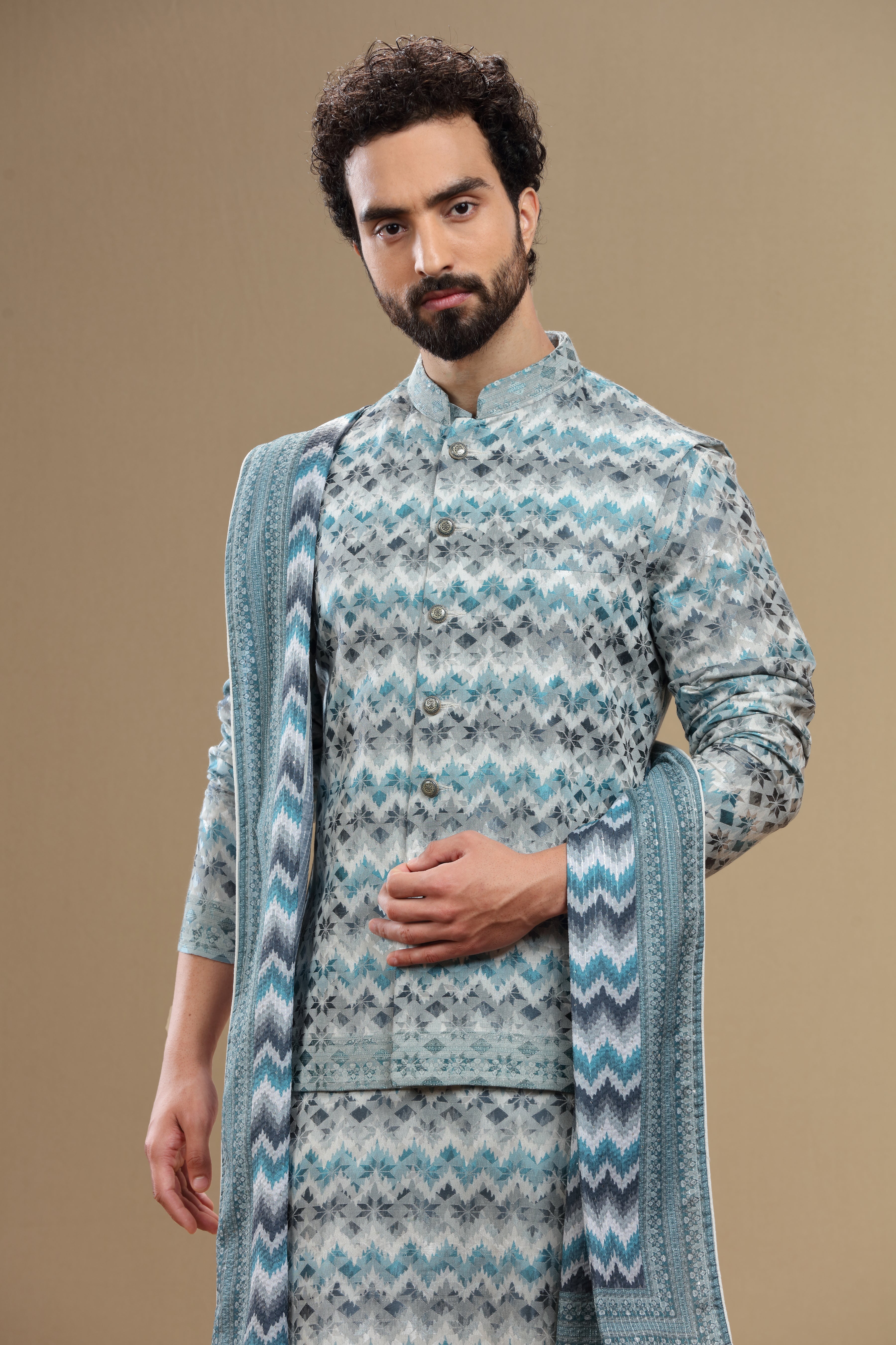 Beige Silk Dupatta Jacket Set With Geometric Threadwork - Shreeman