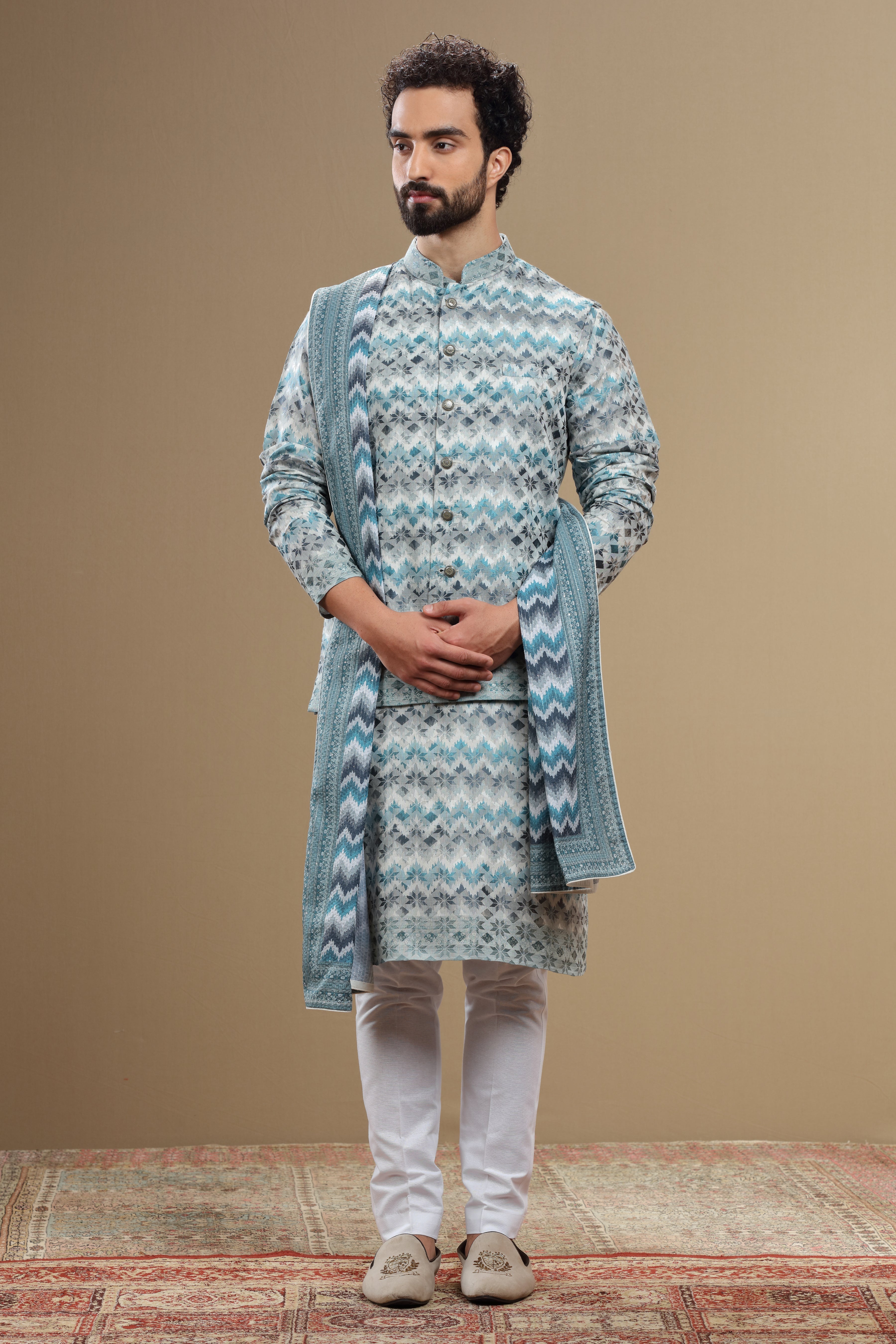 Beige Silk Dupatta Jacket Set With Geometric Threadwork - Shreeman