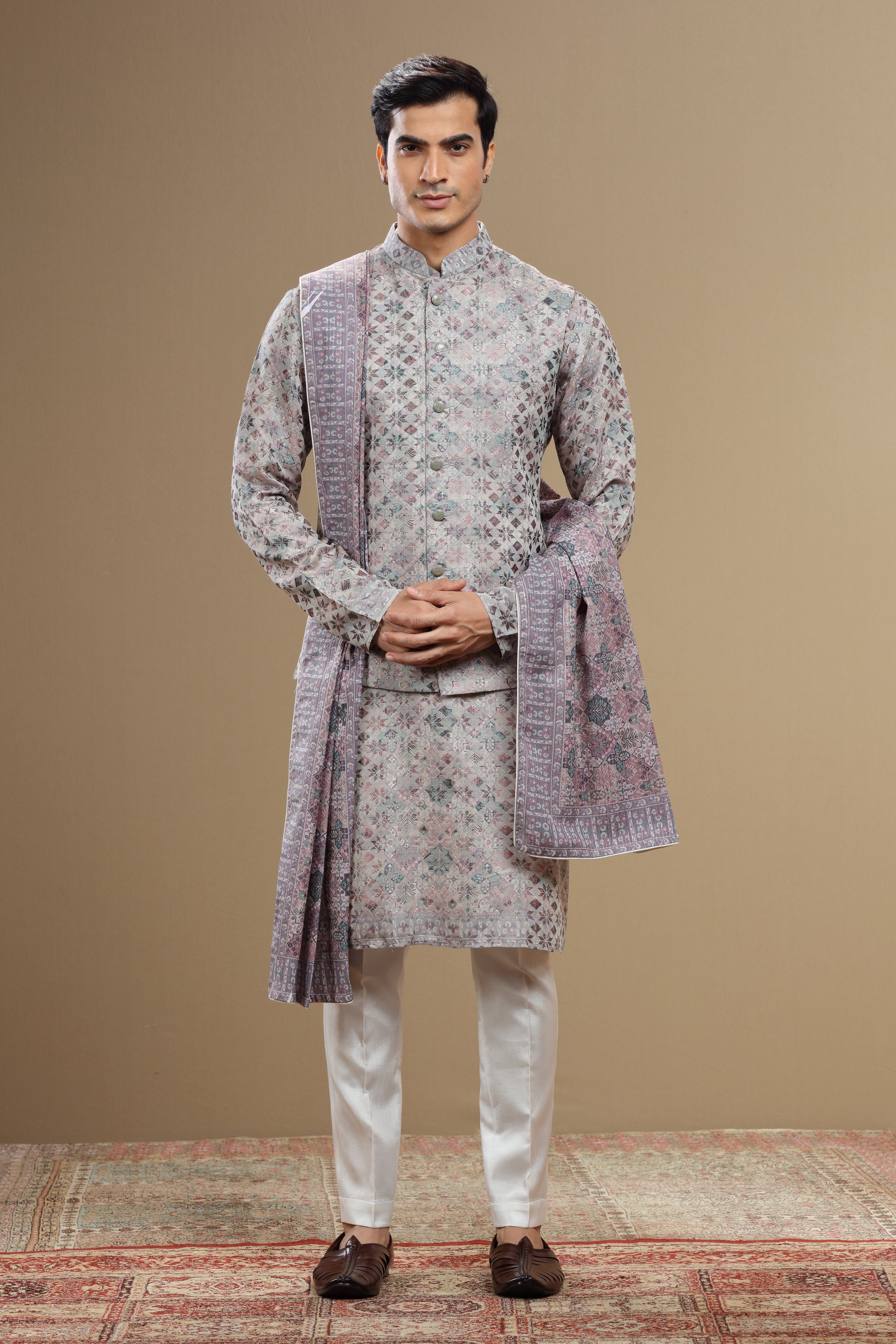 Grey Silk Dupatta Jacket Set With Geometric Motifs - Shreeman