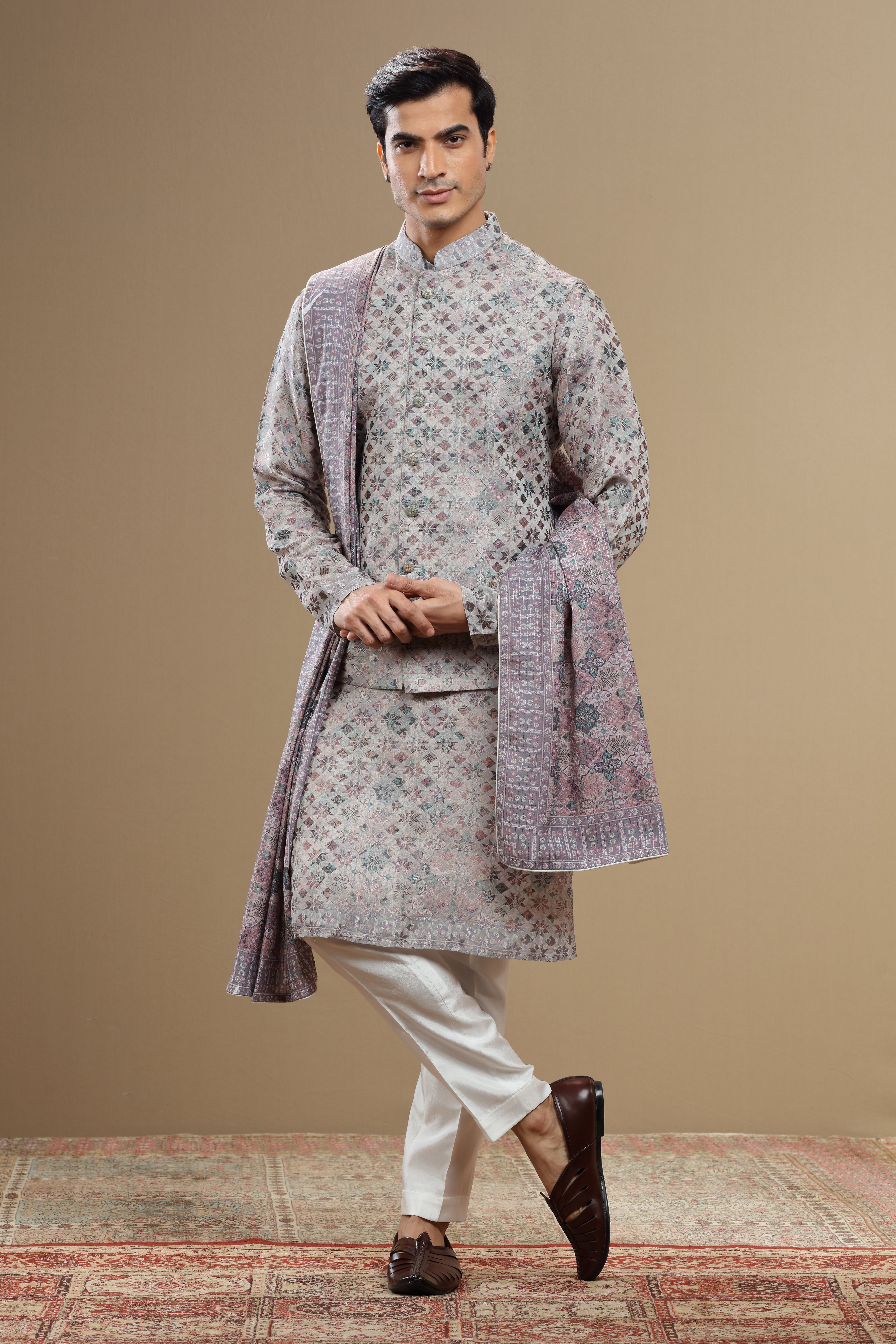 Grey Silk Dupatta Jacket Set With Geometric Motifs - Shreeman
