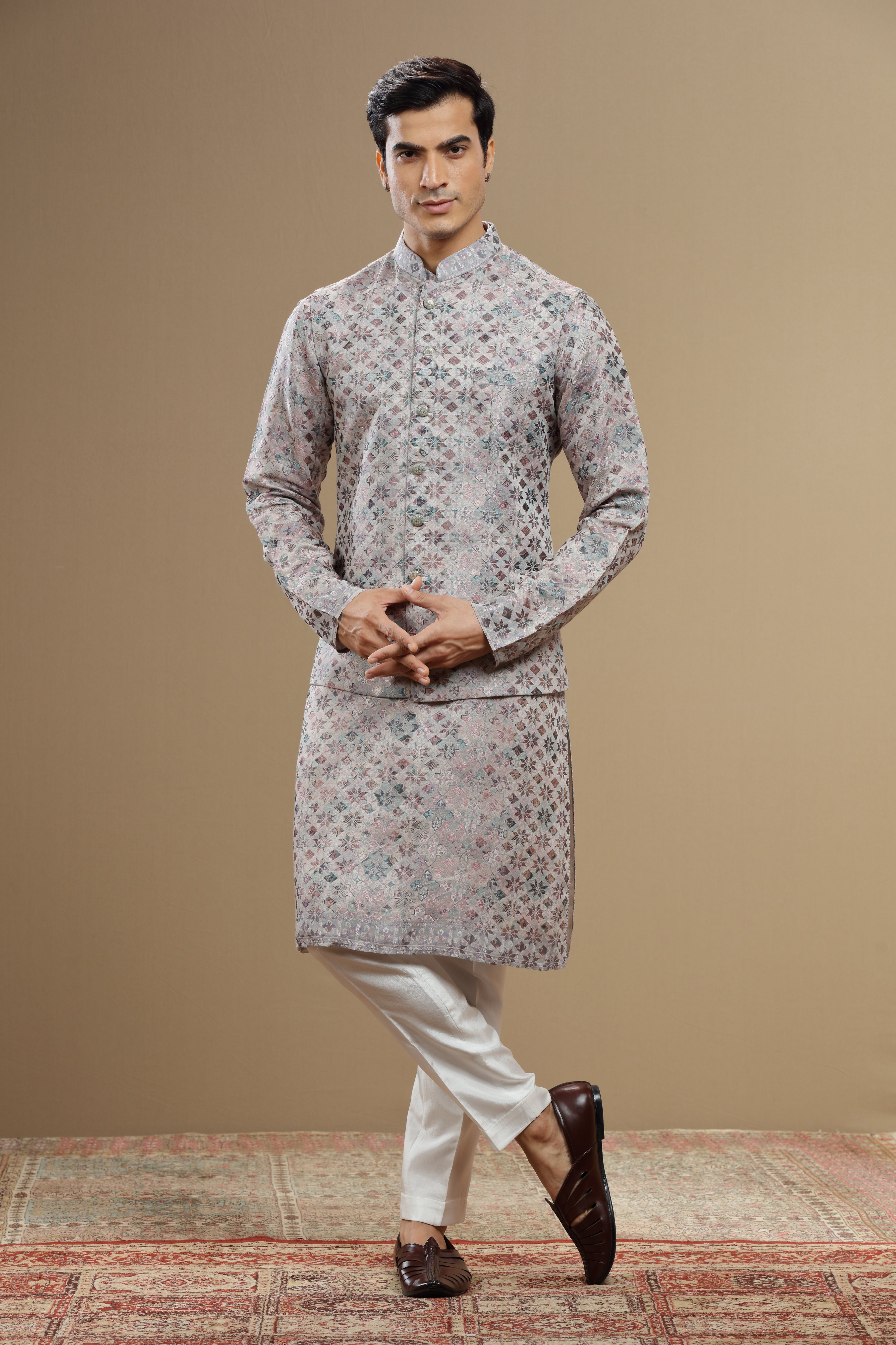 Grey Silk Dupatta Jacket Set With Geometric Motifs - Shreeman