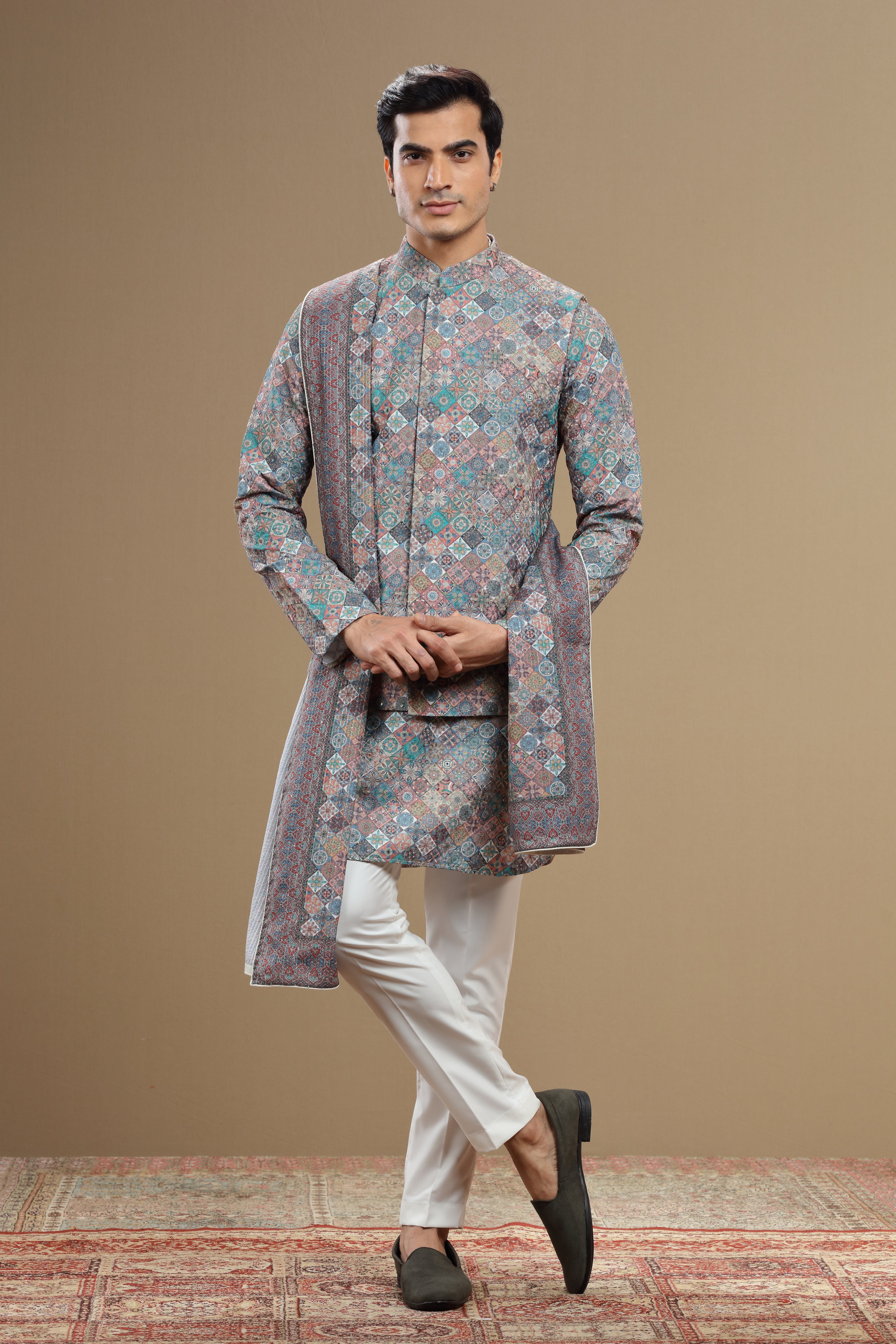 Multicolor Silk Jacket With Geometric Print Sequin Work - Shreeman
