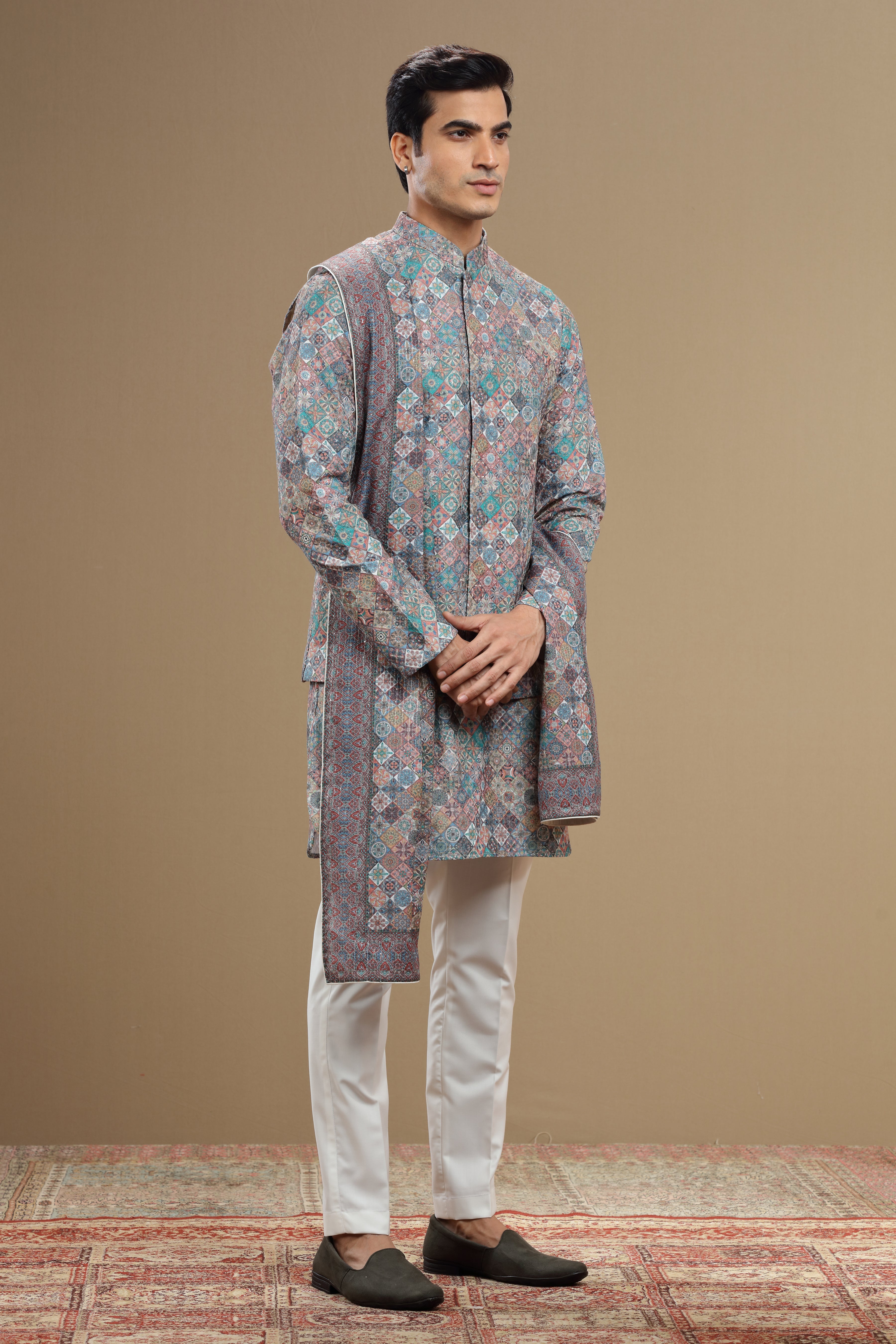 Multicolor Silk Jacket With Geometric Print Sequin Work - Shreeman